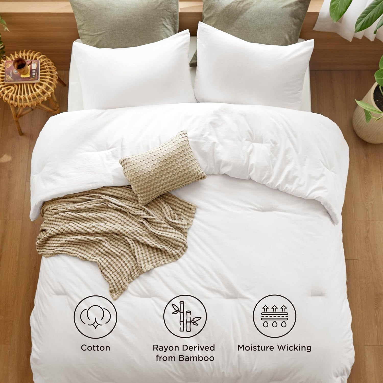 image:imageBedsure 5 Pieces Cotton Comforter Set with Cotton Waffle Throw Blanket White Queen Comforter Pillow Shams Taupe Cooling Blanket of Rayon Derived from Bamboo for Hot Sleepers Throw Pillow07 White