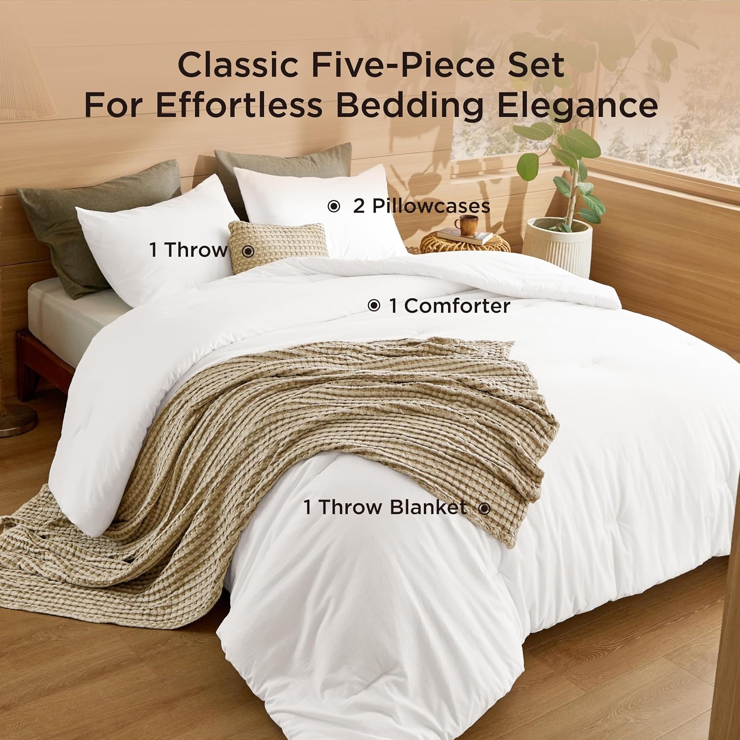 image:imageBedsure 5 Pieces Cotton Comforter Set with Cotton Waffle Throw Blanket White Queen Comforter Pillow Shams Taupe Cooling Blanket of Rayon Derived from Bamboo for Hot Sleepers Throw Pillow07 White