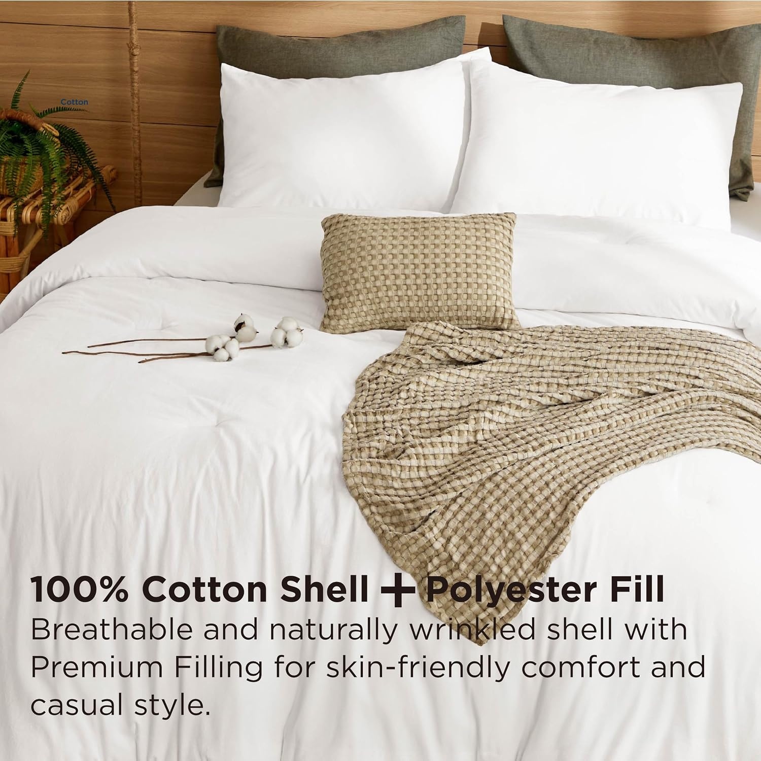 image:imageBedsure 5 Pieces Cotton Comforter Set with Cotton Waffle Throw Blanket White Queen Comforter Pillow Shams Taupe Cooling Blanket of Rayon Derived from Bamboo for Hot Sleepers Throw Pillow07 White