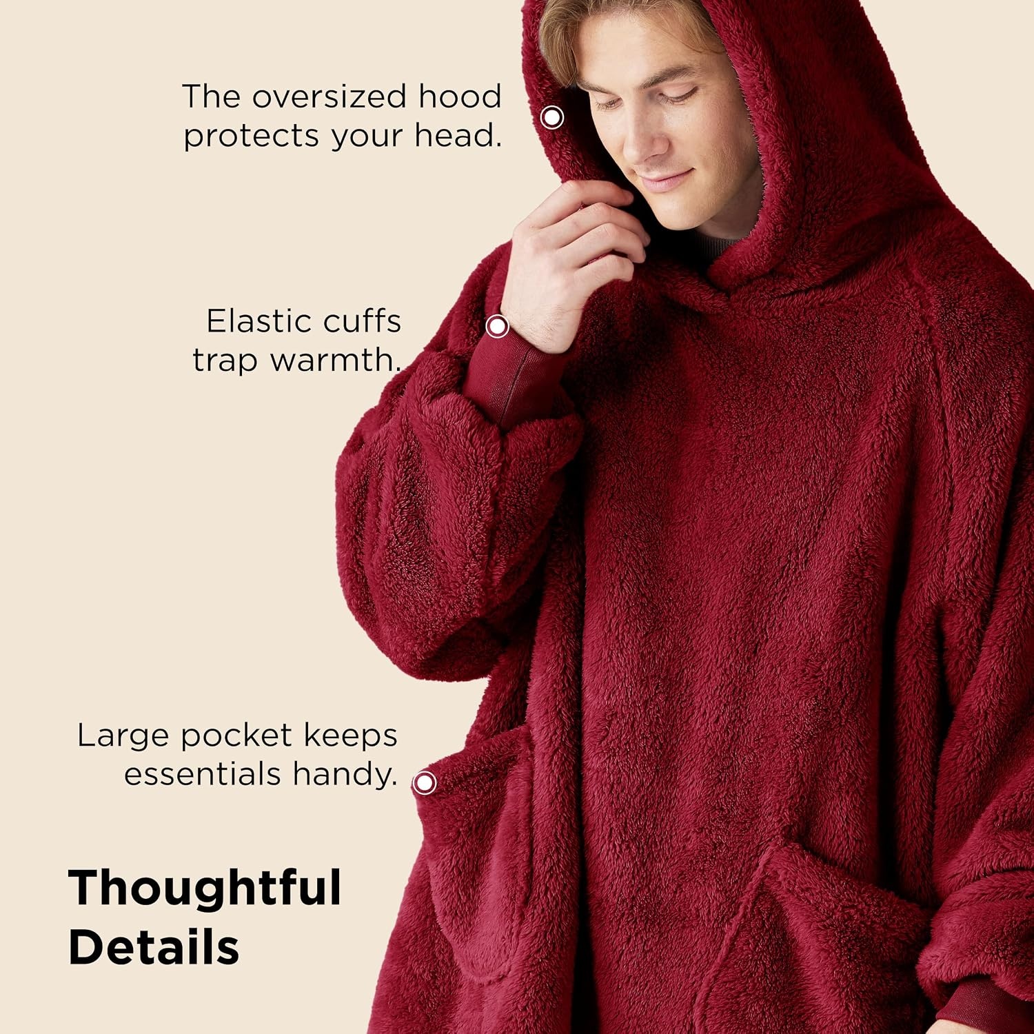 image:imageBedsure Blanket Hoodie Wearable Blanket Hoodie as Mothers Day Birthday Gifts for Women Men Mom Dad Warm Cozy Soft Sweatshirt Hooded Blankets With Sleeves for Adult Women Men CharcoalDark Red