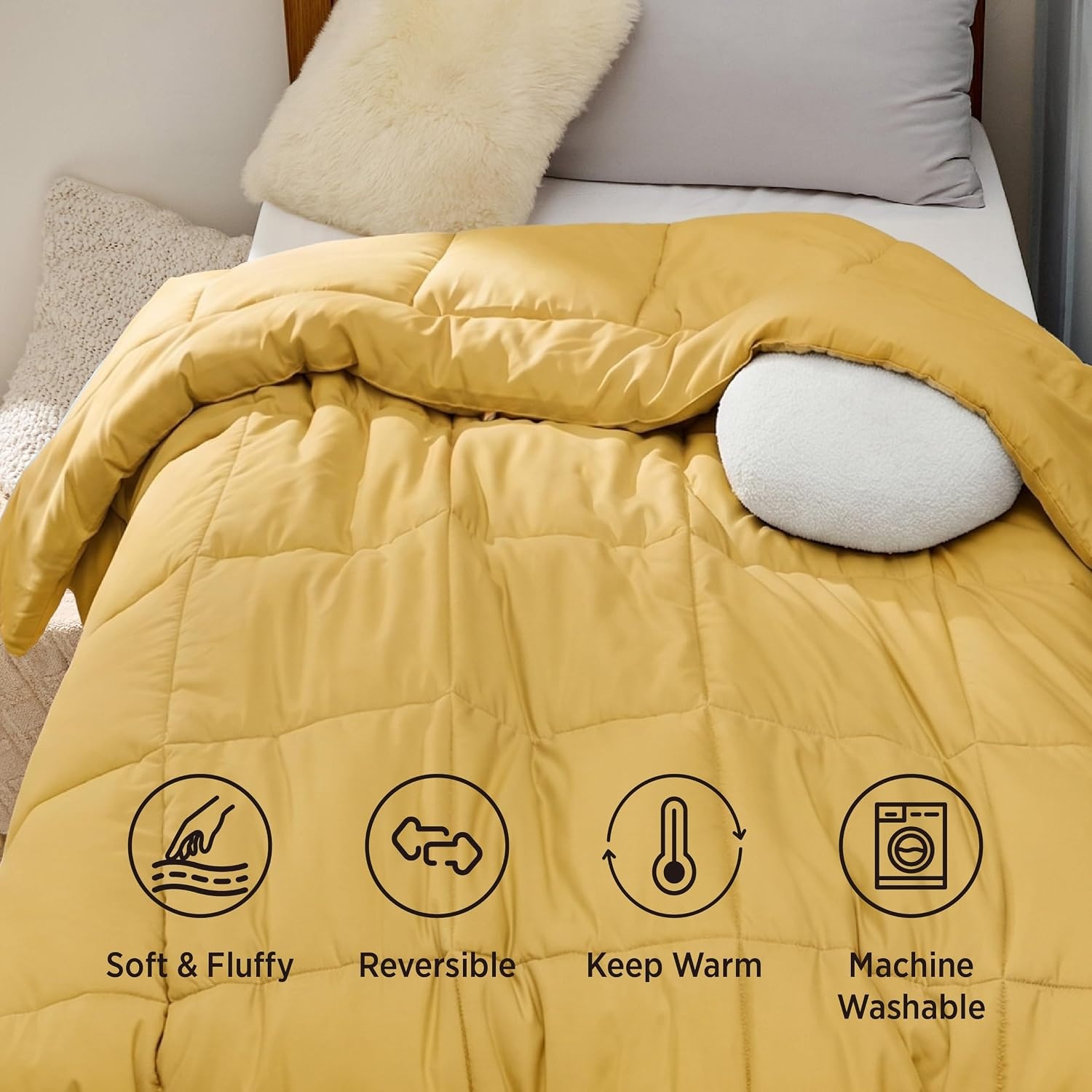 image:imageBedsure Comforter Duvet Insert Quilted Comforters Queen Size All Season Duvet GentleSoft Down Alternative Bedding Blanket with 8 Tabs Gifts for WomenMen White Queen 88 x 88 InchesMustard Yellow