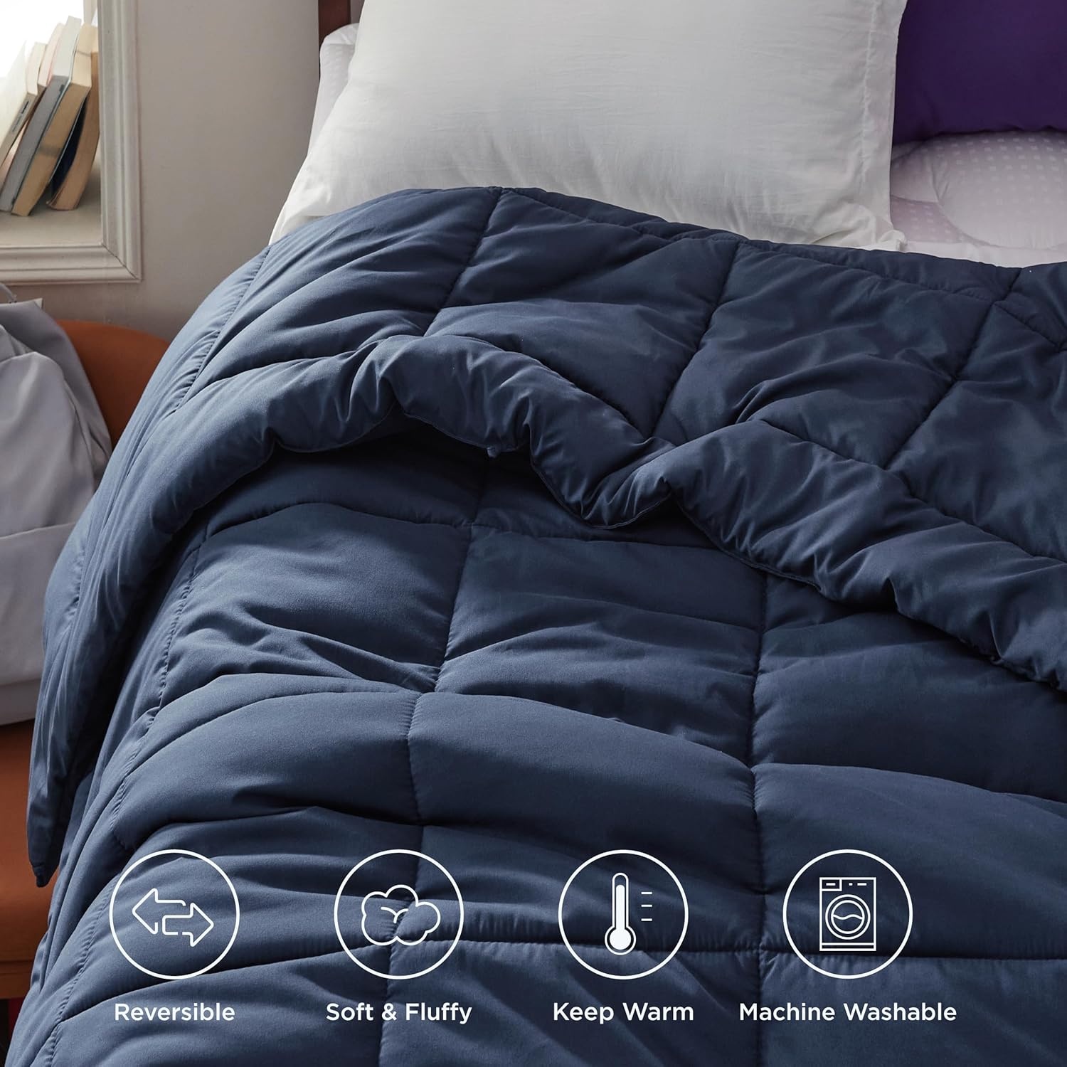 image:imageBedsure Comforter Duvet Insert Quilted Comforters Queen Size All Season Duvet GentleSoft Down Alternative Bedding Blanket with 8 Tabs Gifts for WomenMen White Queen 88 x 88 InchesNavy Blue