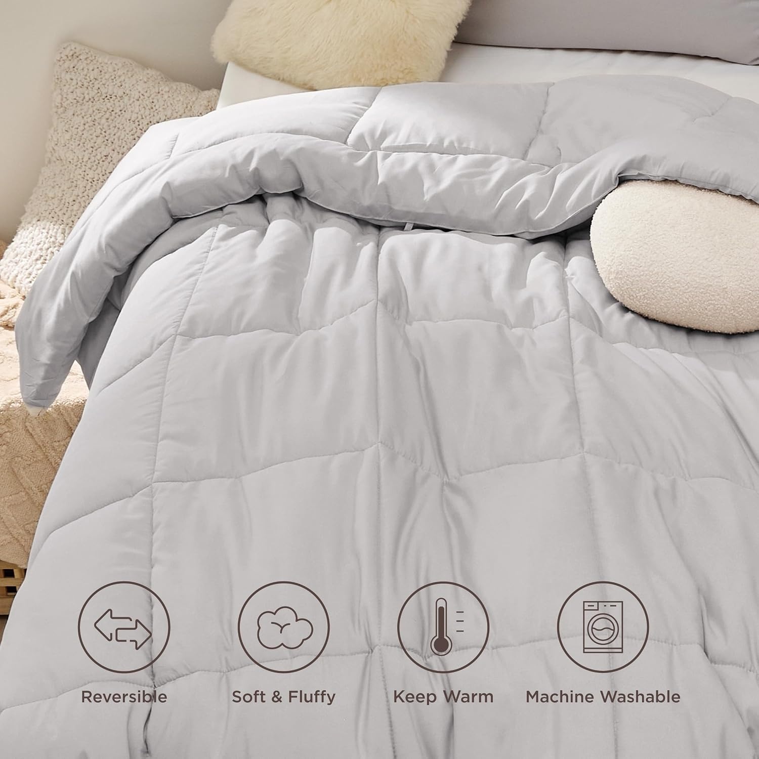 image:imageBedsure Comforter Duvet Insert Quilted Comforters Queen Size All Season Duvet GentleSoft Down Alternative Bedding Blanket with 8 Tabs Gifts for WomenMen White Queen 88 x 88 InchesLight Grey