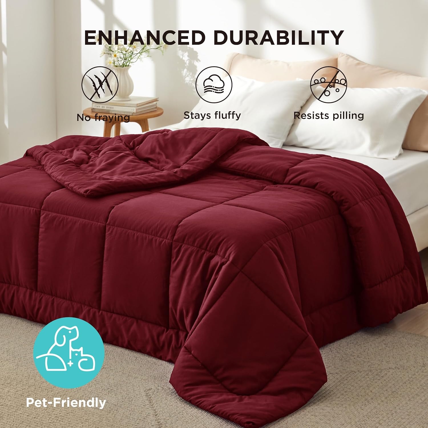 image:imageBedsure Comforter Duvet Insert Quilted Comforters Queen Size All Season Duvet GentleSoft Down Alternative Bedding Blanket with 8 Tabs Gifts for WomenMen White Queen 88 x 88 InchesBurgundy
