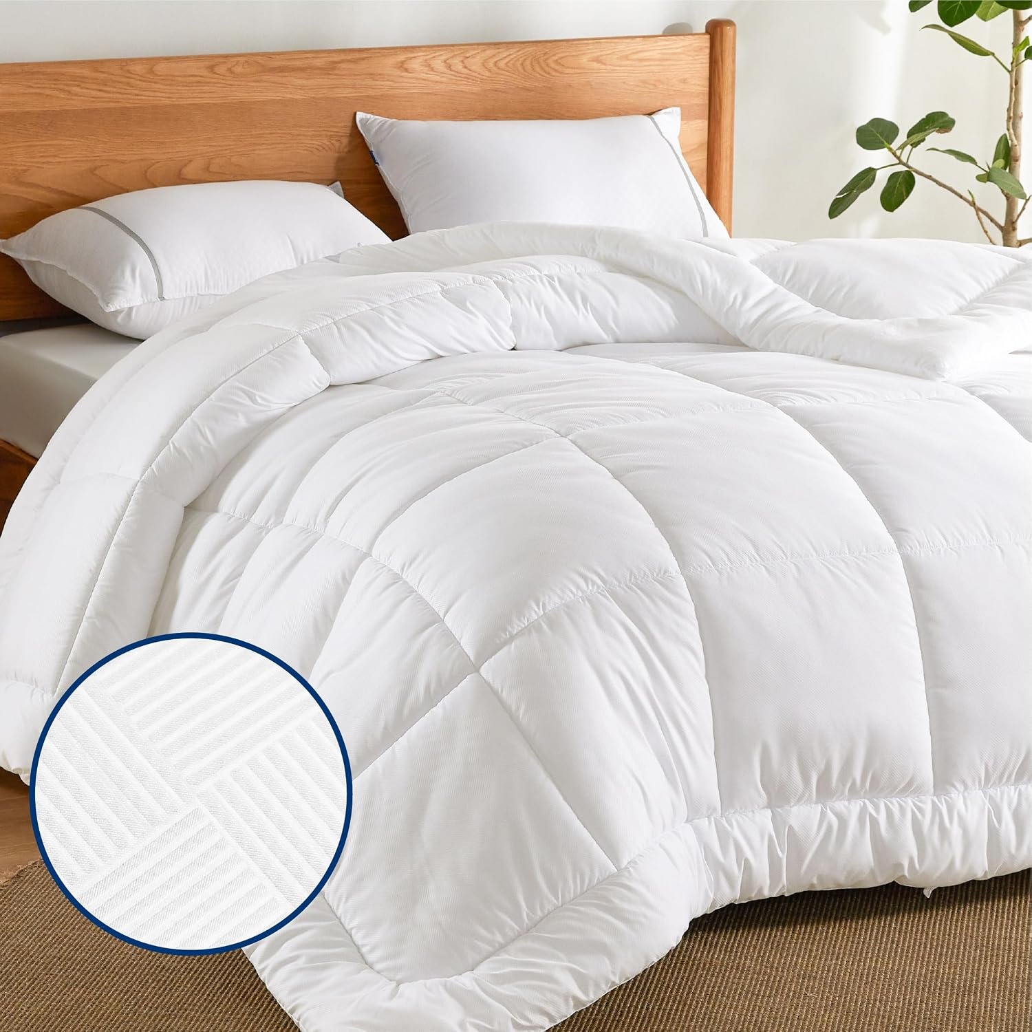image:imageBedsure Comforter Duvet Insert Quilted Comforters Queen Size All Season Duvet GentleSoft Down Alternative Bedding Blanket with 8 Tabs Gifts for WomenMen White Queen 88 x 88 InchesIvory Stripe Square