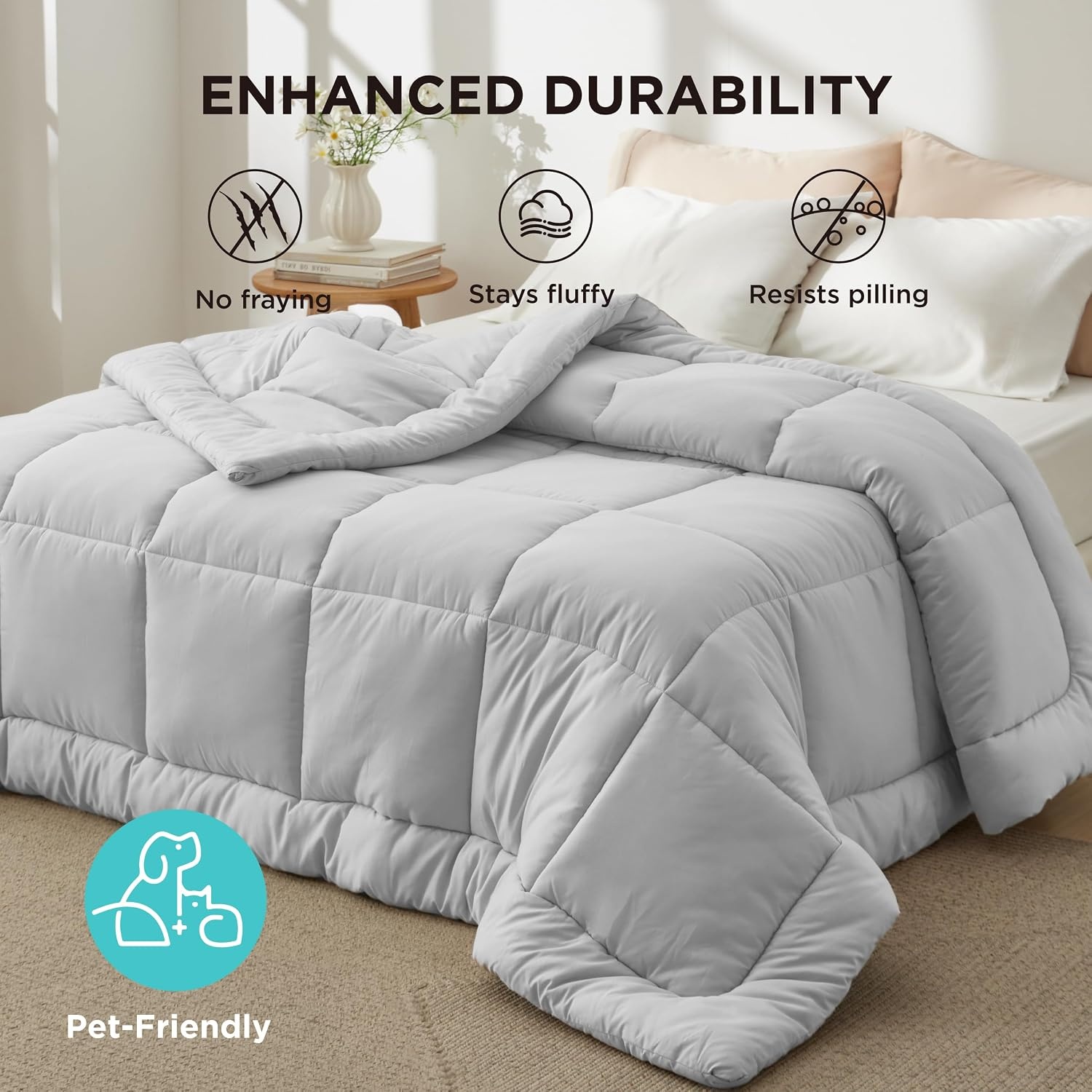 image:imageBedsure Comforter Duvet Insert Quilted Comforters Queen Size All Season Duvet GentleSoft Down Alternative Bedding Blanket with 8 Tabs Gifts for WomenMen White Queen 88 x 88 InchesLight Grey