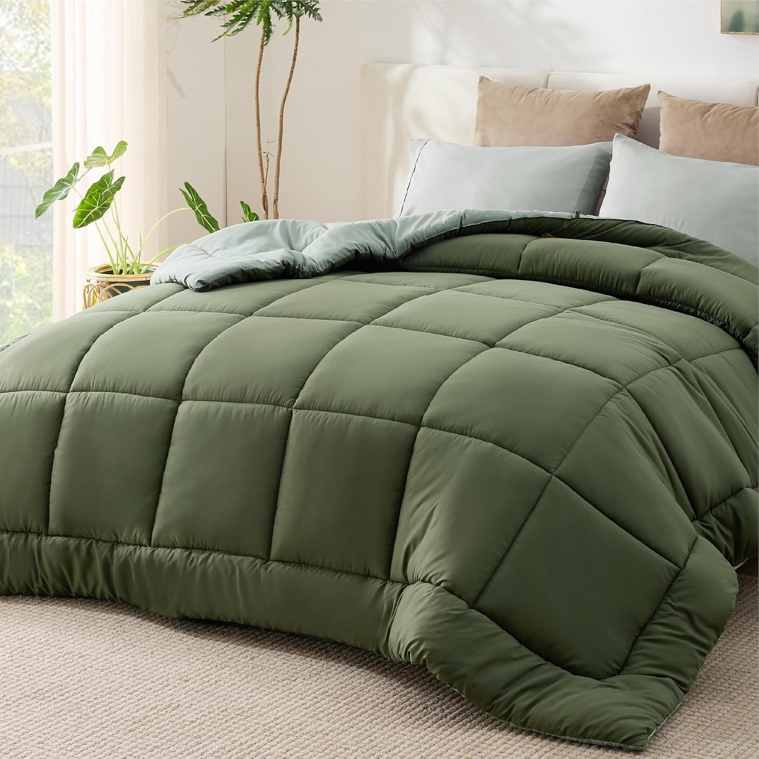image:imageBedsure Comforters Queen Size Duvet Insert Quilted Down Alternative Comforter Ultra Soft Lightweight Comforter Blanket for Bed with 8 Tabs Machine Washable 88x88 in WhiteGreenLight Green