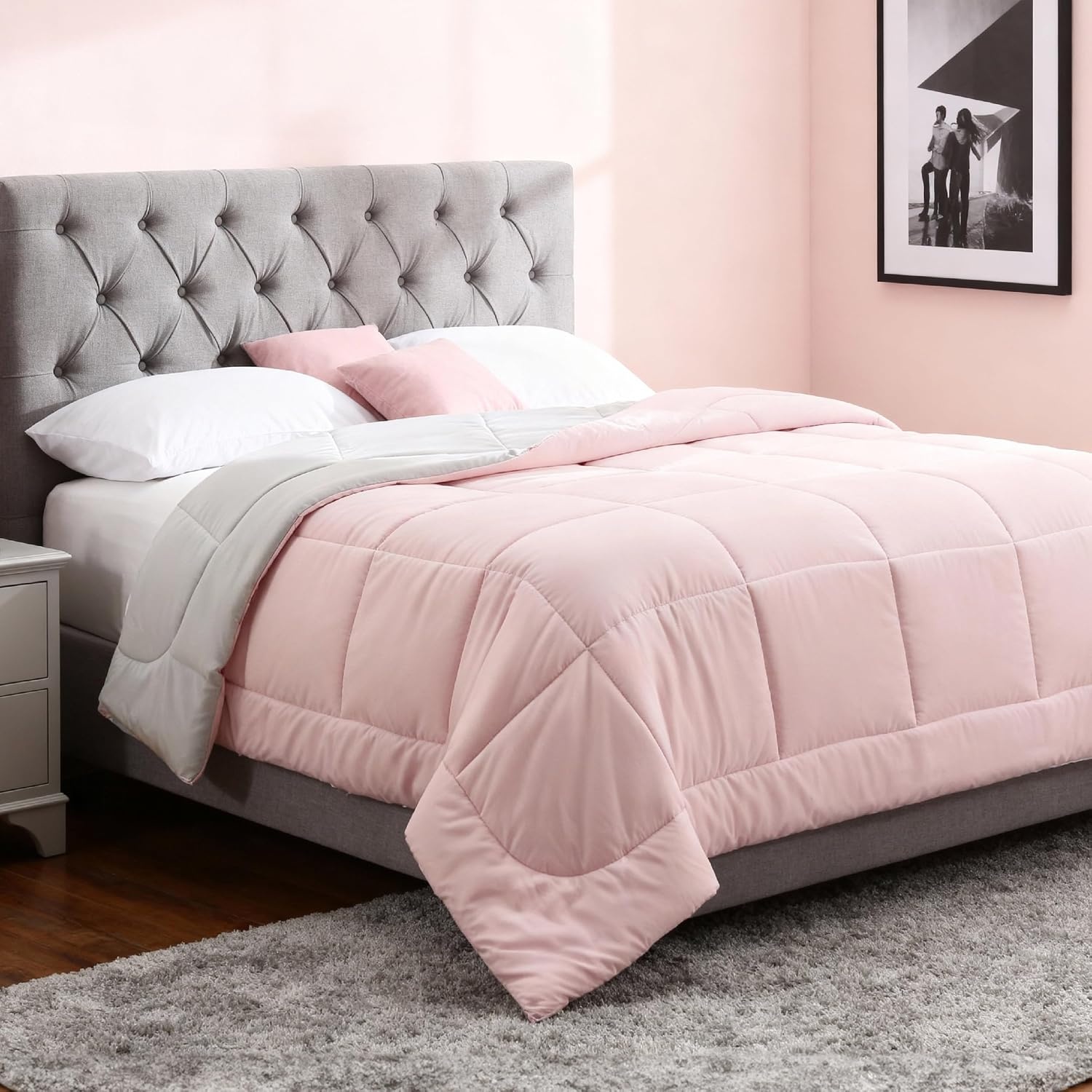 image:imageBedsure Comforters Queen Size Duvet Insert Quilted Down Alternative Comforter Ultra Soft Lightweight Comforter Blanket for Bed with 8 Tabs Machine Washable 88x88 in WhitePinkGrey