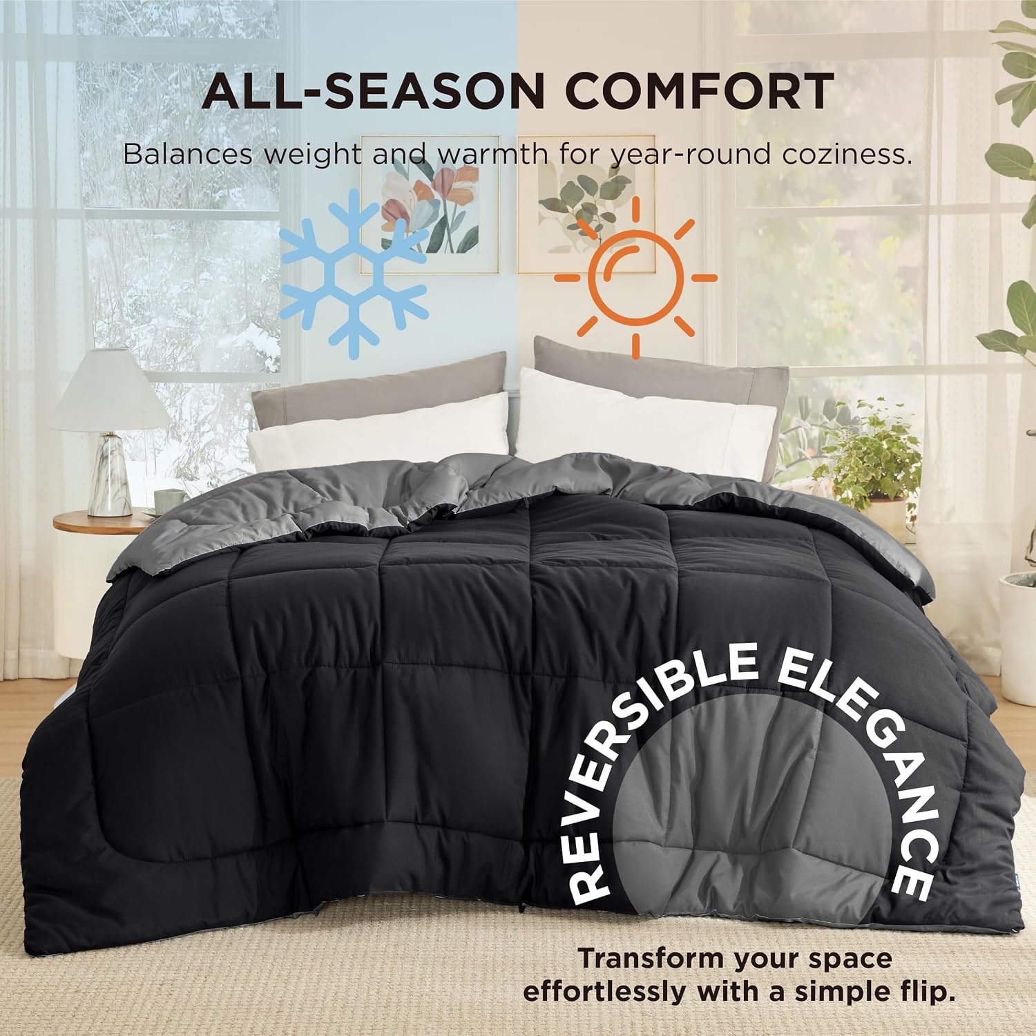 image:imageBedsure Comforters Queen Size Duvet Insert Quilted Down Alternative Comforter Ultra Soft Lightweight Comforter Blanket for Bed with 8 Tabs Machine Washable 88x88 in WhiteBlackGrey