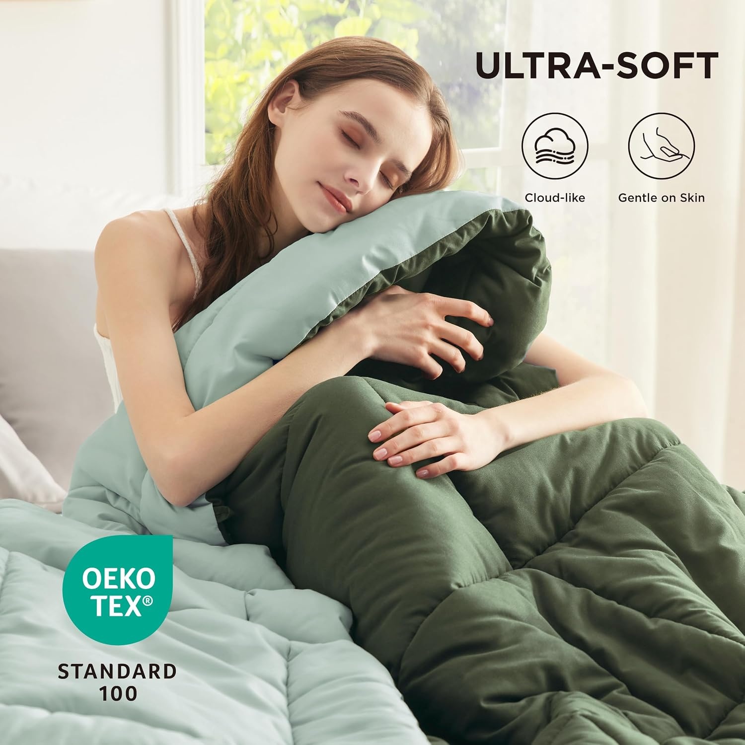 image:imageBedsure Comforters Queen Size Duvet Insert Quilted Down Alternative Comforter Ultra Soft Lightweight Comforter Blanket for Bed with 8 Tabs Machine Washable 88x88 in WhiteGreenLight Green