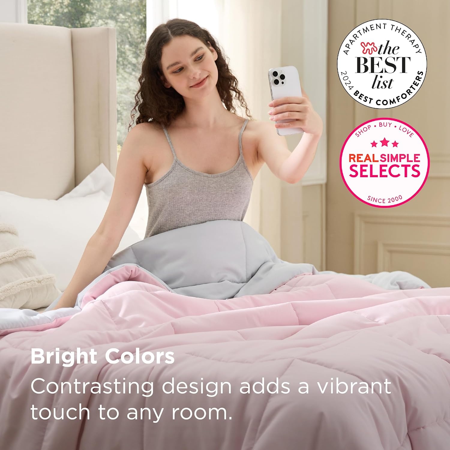 image:imageBedsure Comforters Queen Size Duvet Insert Quilted Down Alternative Comforter Ultra Soft Lightweight Comforter Blanket for Bed with 8 Tabs Machine Washable 88x88 in WhitePinkGrey