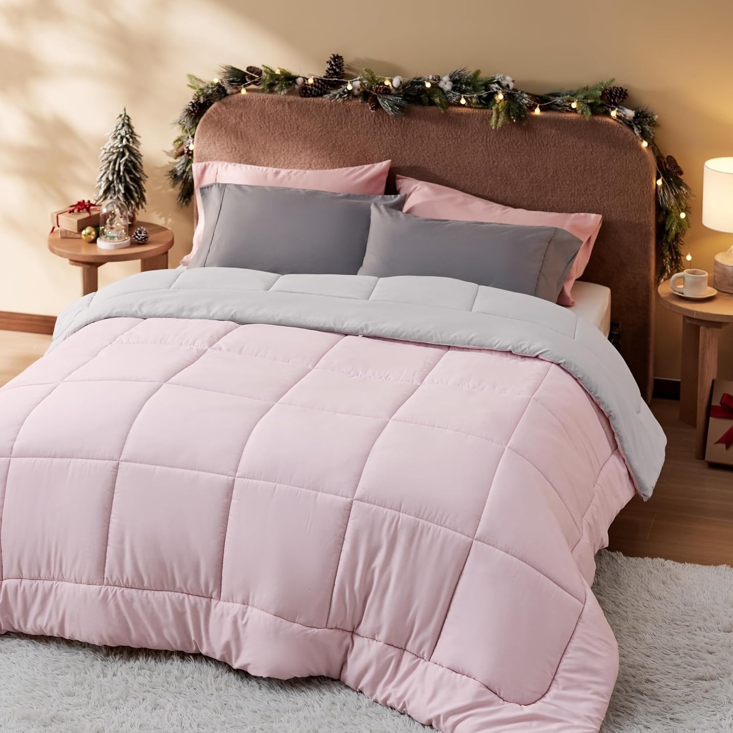 image:imageBedsure Comforters Queen Size Duvet Insert Quilted Down Alternative Comforter Ultra Soft Lightweight Comforter Blanket for Bed with 8 Tabs Machine Washable 88x88 in WhitePinkGrey