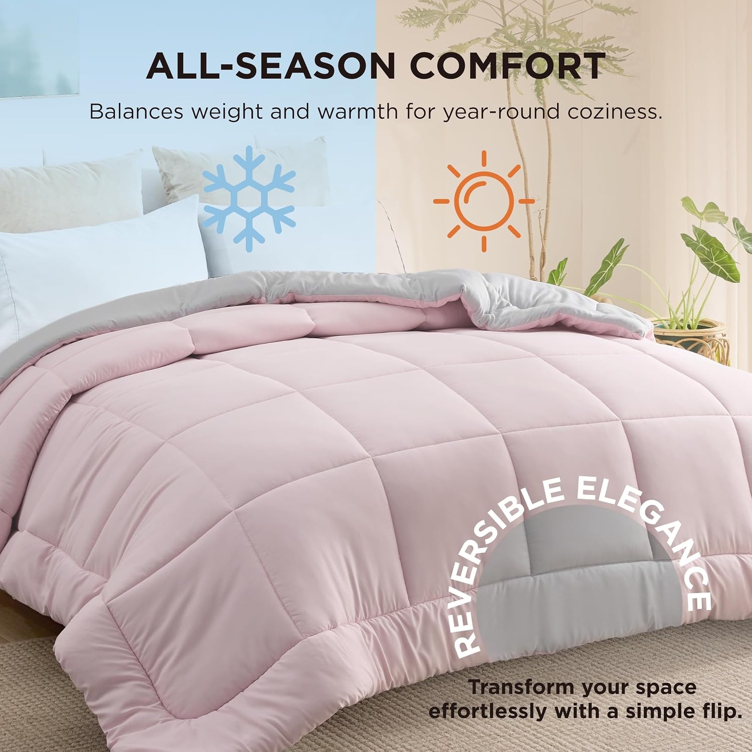 image:imageBedsure Comforters Queen Size Duvet Insert Quilted Down Alternative Comforter Ultra Soft Lightweight Comforter Blanket for Bed with 8 Tabs Machine Washable 88x88 in WhitePinkGrey