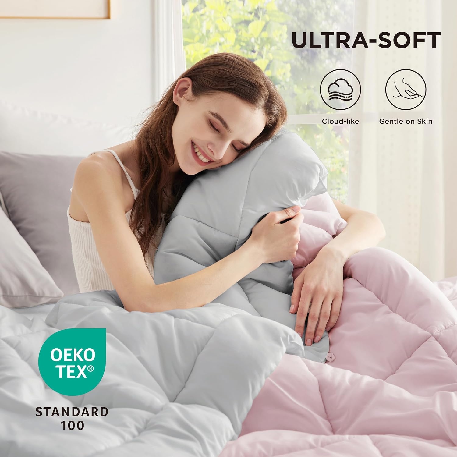 image:imageBedsure Comforters Queen Size Duvet Insert Quilted Down Alternative Comforter Ultra Soft Lightweight Comforter Blanket for Bed with 8 Tabs Machine Washable 88x88 in WhitePinkGrey