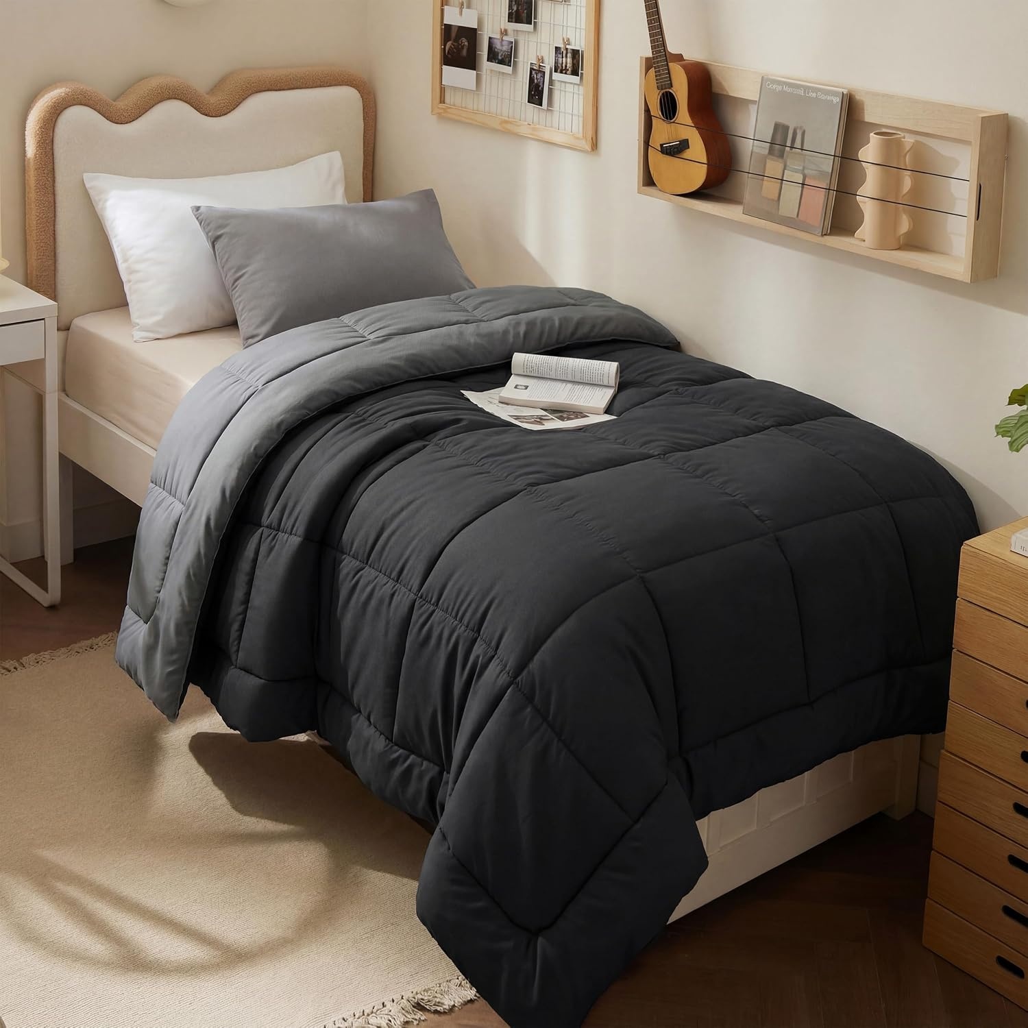 image:imageBedsure Comforters Queen Size Duvet Insert Quilted Down Alternative Comforter Ultra Soft Lightweight Comforter Blanket for Bed with 8 Tabs Machine Washable 88x88 in WhiteBlackGrey