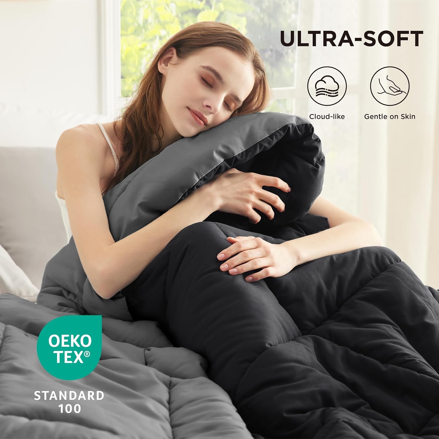 image:imageBedsure Comforters Queen Size Duvet Insert Quilted Down Alternative Comforter Ultra Soft Lightweight Comforter Blanket for Bed with 8 Tabs Machine Washable 88x88 in WhiteBlackGrey