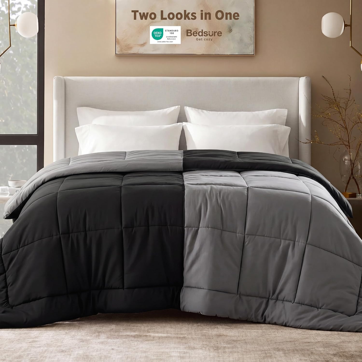 image:imageBedsure Comforters Queen Size Duvet Insert Quilted Down Alternative Comforter Ultra Soft Lightweight Comforter Blanket for Bed with 8 Tabs Machine Washable 88x88 in WhiteBlackGrey