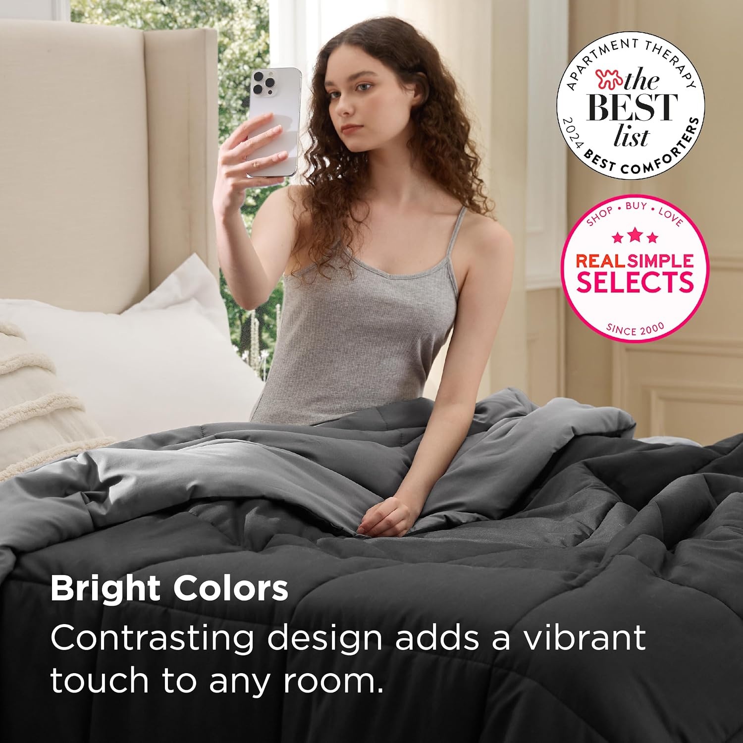 image:imageBedsure Comforters Queen Size Duvet Insert Quilted Down Alternative Comforter Ultra Soft Lightweight Comforter Blanket for Bed with 8 Tabs Machine Washable 88x88 in WhiteBlackGrey