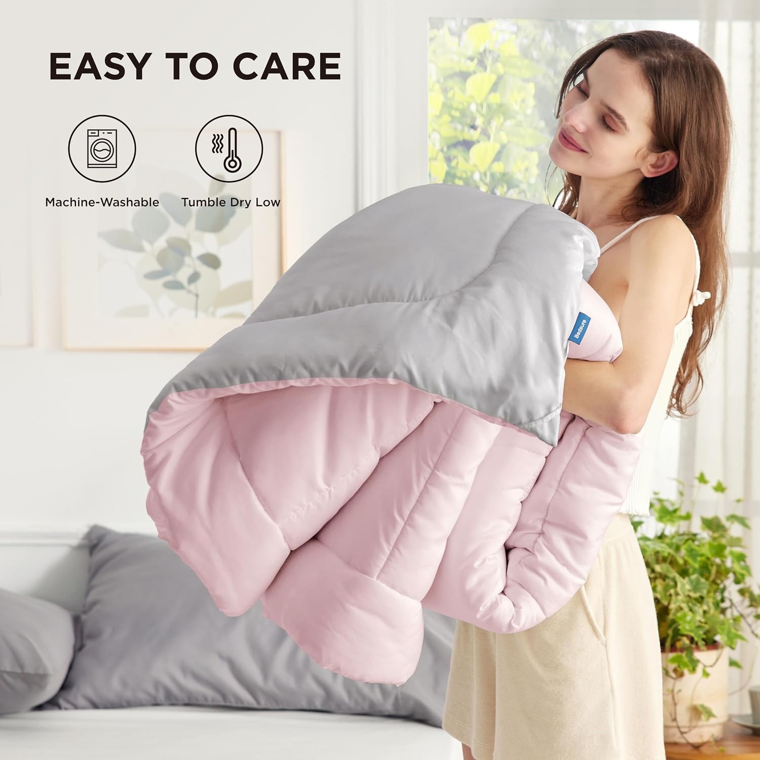 image:imageBedsure Comforters Queen Size Duvet Insert Quilted Down Alternative Comforter Ultra Soft Lightweight Comforter Blanket for Bed with 8 Tabs Machine Washable 88x88 in WhitePinkGrey