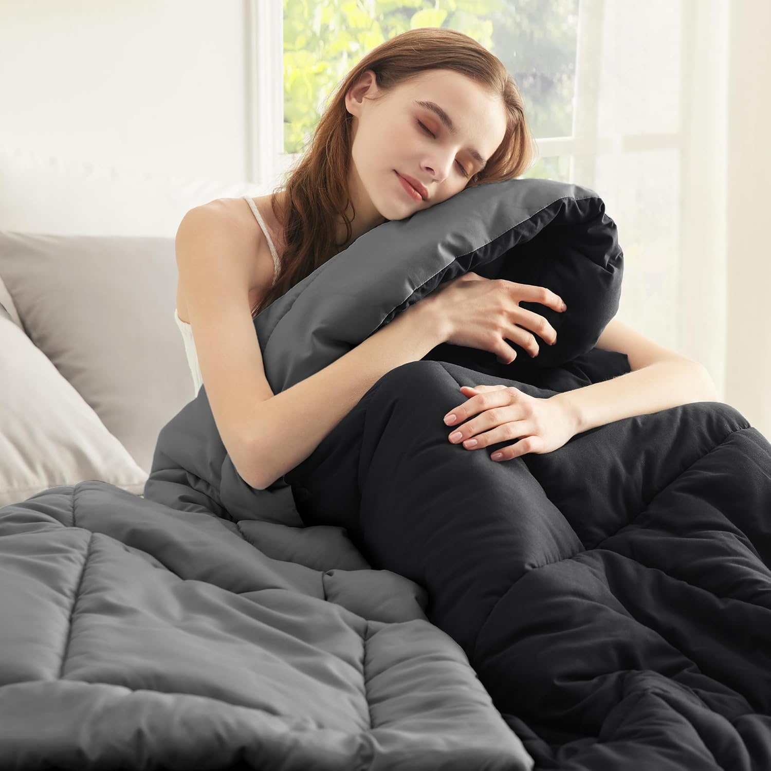 image:imageBedsure Comforters Queen Size Duvet Insert Quilted Down Alternative Comforter Ultra Soft Lightweight Comforter Blanket for Bed with 8 Tabs Machine Washable 88x88 in WhiteBlackGrey