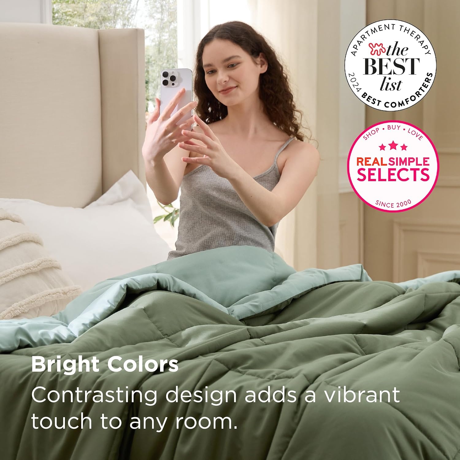 image:imageBedsure Comforters Queen Size Duvet Insert Quilted Down Alternative Comforter Ultra Soft Lightweight Comforter Blanket for Bed with 8 Tabs Machine Washable 88x88 in WhiteGreenLight Green