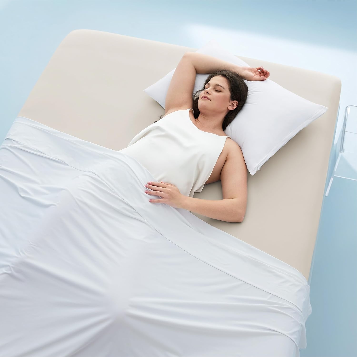 image:imageBedsure Cooling Fitted Sheet Only for Hot Sleeper King Size Blue Up to 16 Deep 360 Elastic Corner Straps QMax 04 Temperature Regulation Bedding for Night Sweats03 Beige