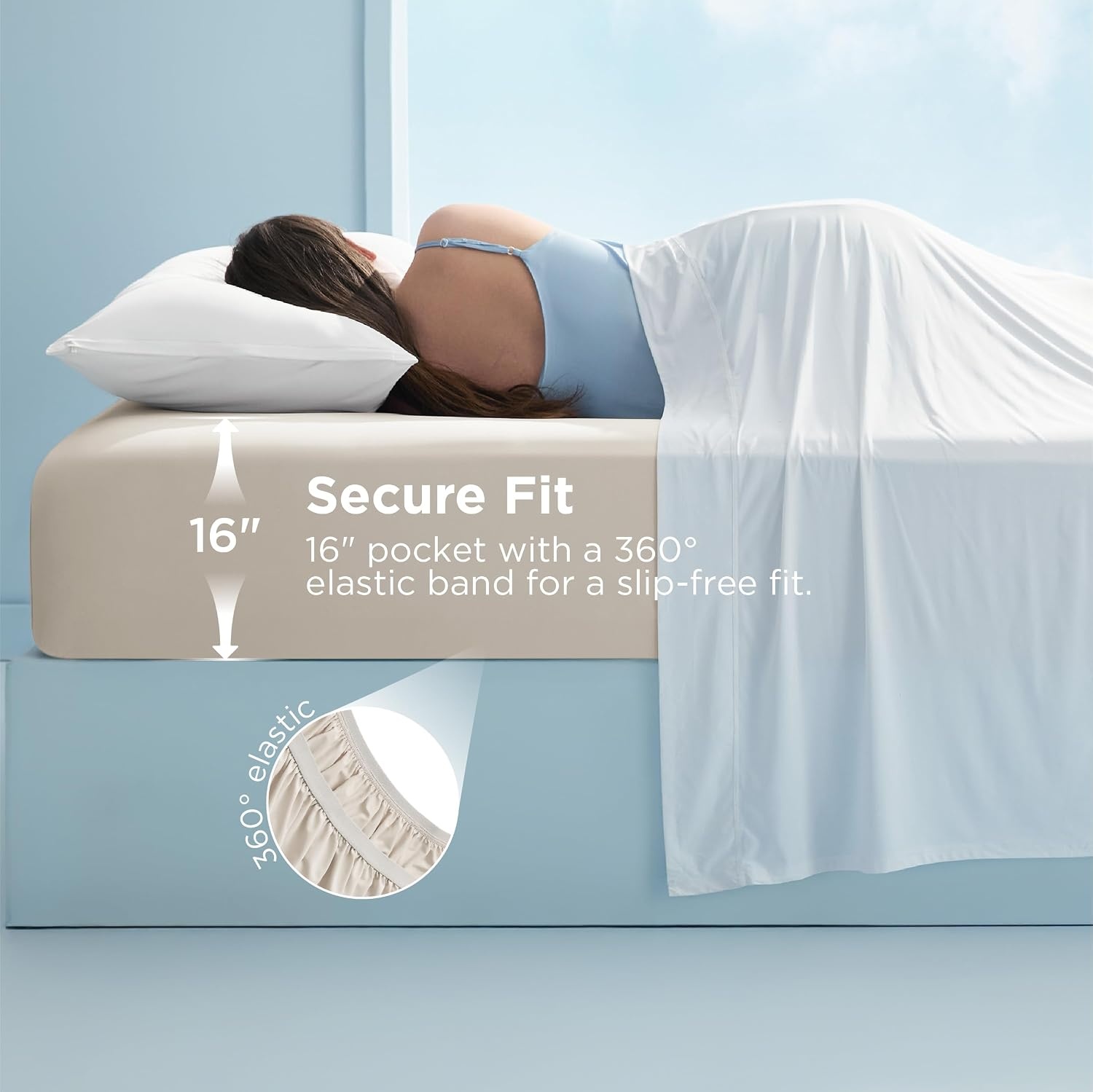 image:imageBedsure Cooling Fitted Sheet Only for Hot Sleeper King Size Blue Up to 16 Deep 360 Elastic Corner Straps QMax 04 Temperature Regulation Bedding for Night Sweats03 Beige