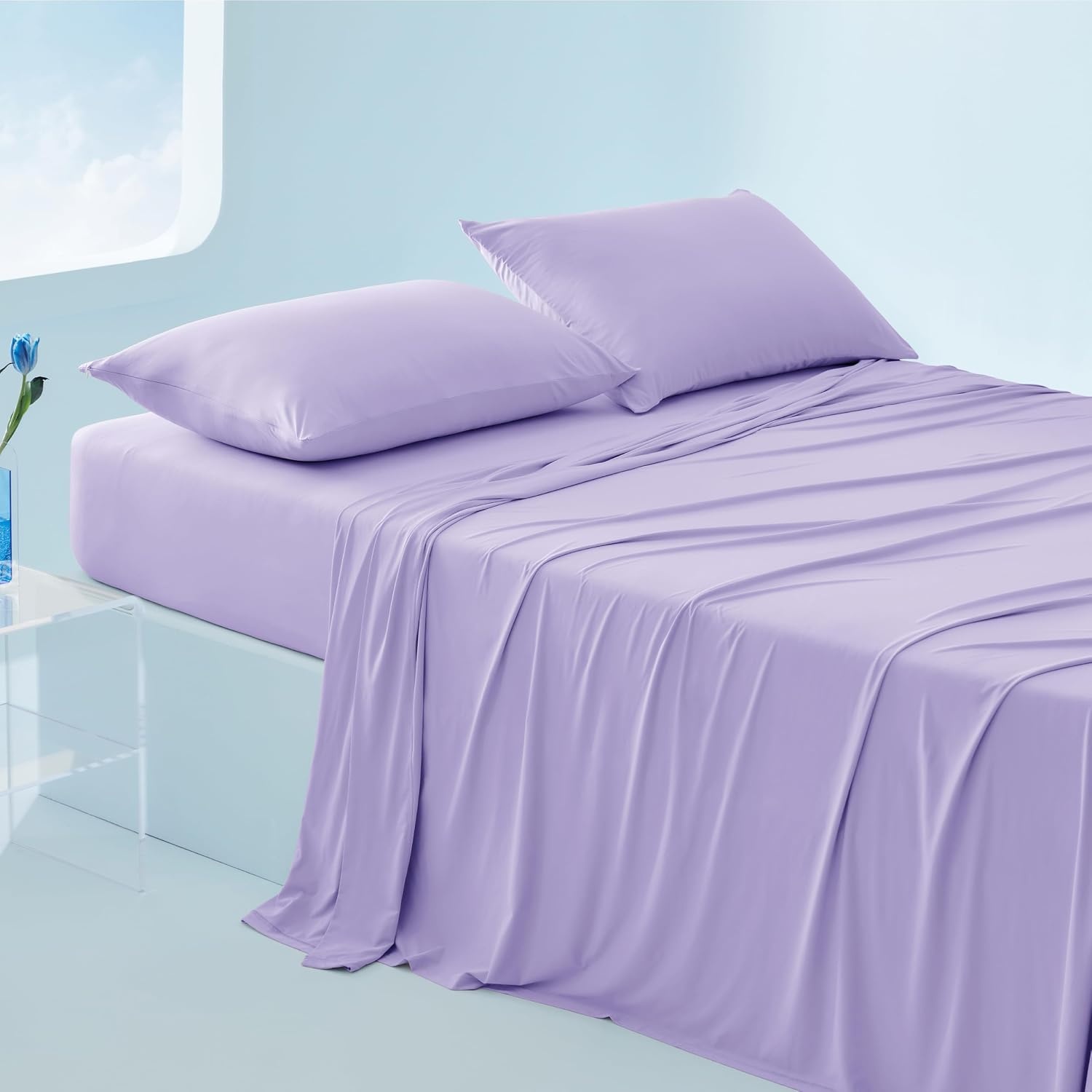 image:imageBedsure Cooling Sheets Queen Size Hot Sleeper Bed Sheets Up to 18 Inches Chill Cool Bed Sheet Deep Pocket Soft amp Breathable Queen Sheet Set 4 Pieces Grey06 Purple