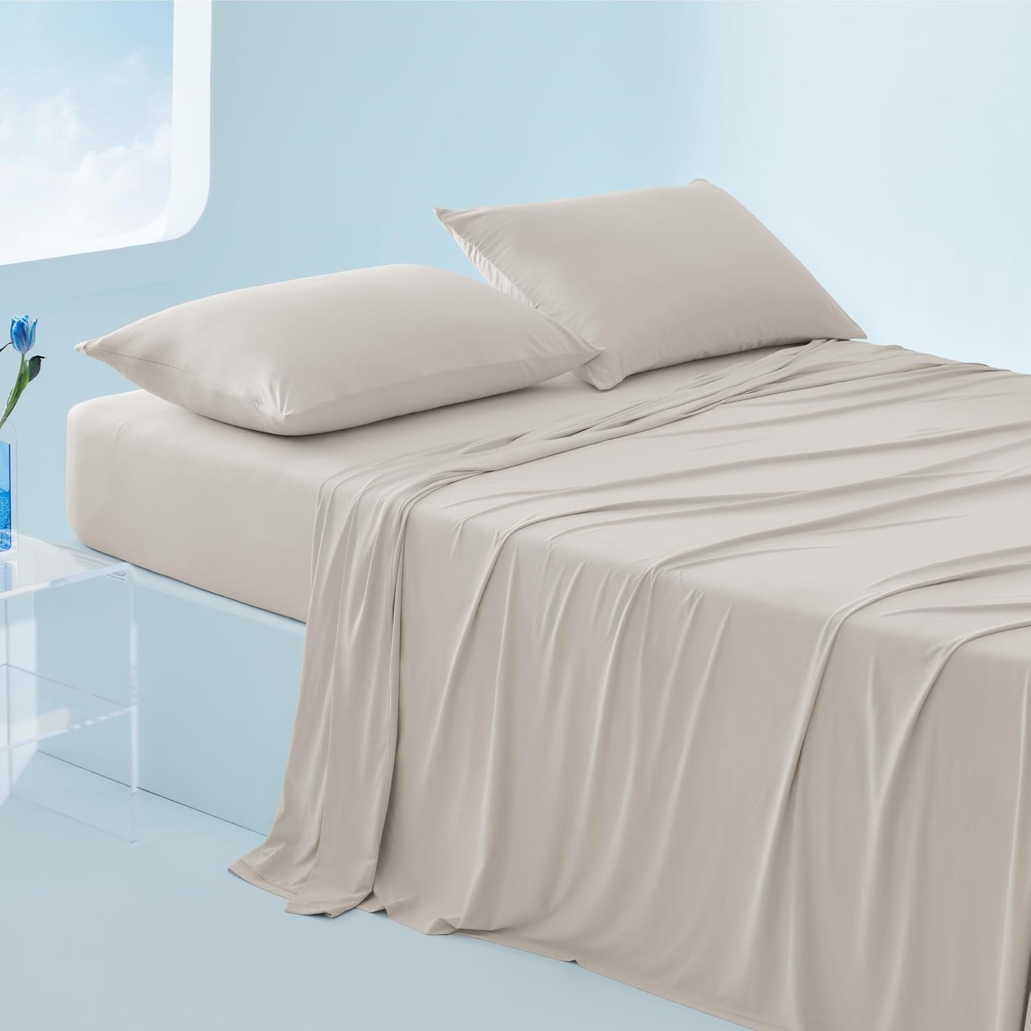 image:imageBedsure Cooling Sheets Queen Size Hot Sleeper Bed Sheets Up to 18 Inches Chill Cool Bed Sheet Deep Pocket Soft amp Breathable Queen Sheet Set 4 Pieces Grey03 Beige