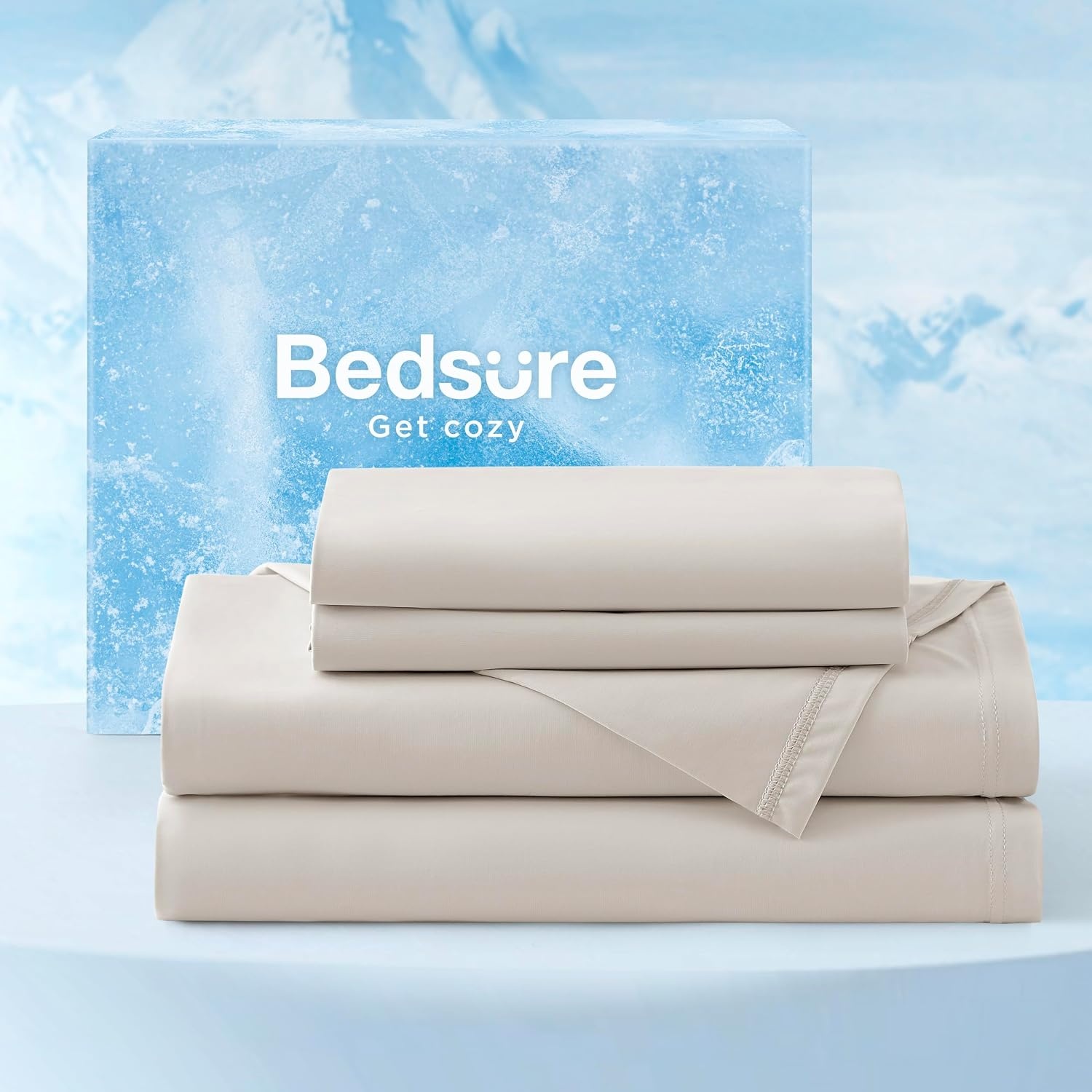 image:imageBedsure Cooling Sheets Queen Size Hot Sleeper Bed Sheets Up to 18 Inches Chill Cool Bed Sheet Deep Pocket Soft amp Breathable Queen Sheet Set 4 Pieces Grey03 Beige