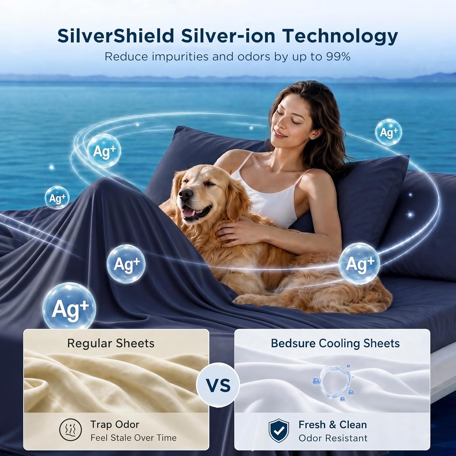image:imageBedsure Cooling Sheets Queen Size Silver Infused Bed Sheets QMaxgt046 Instant Cooling for Hot Sleepers Luxury Soft Silky Smooth Breathable Deep Pocket Up to 16 4 Pieces with PillowcasesNavy