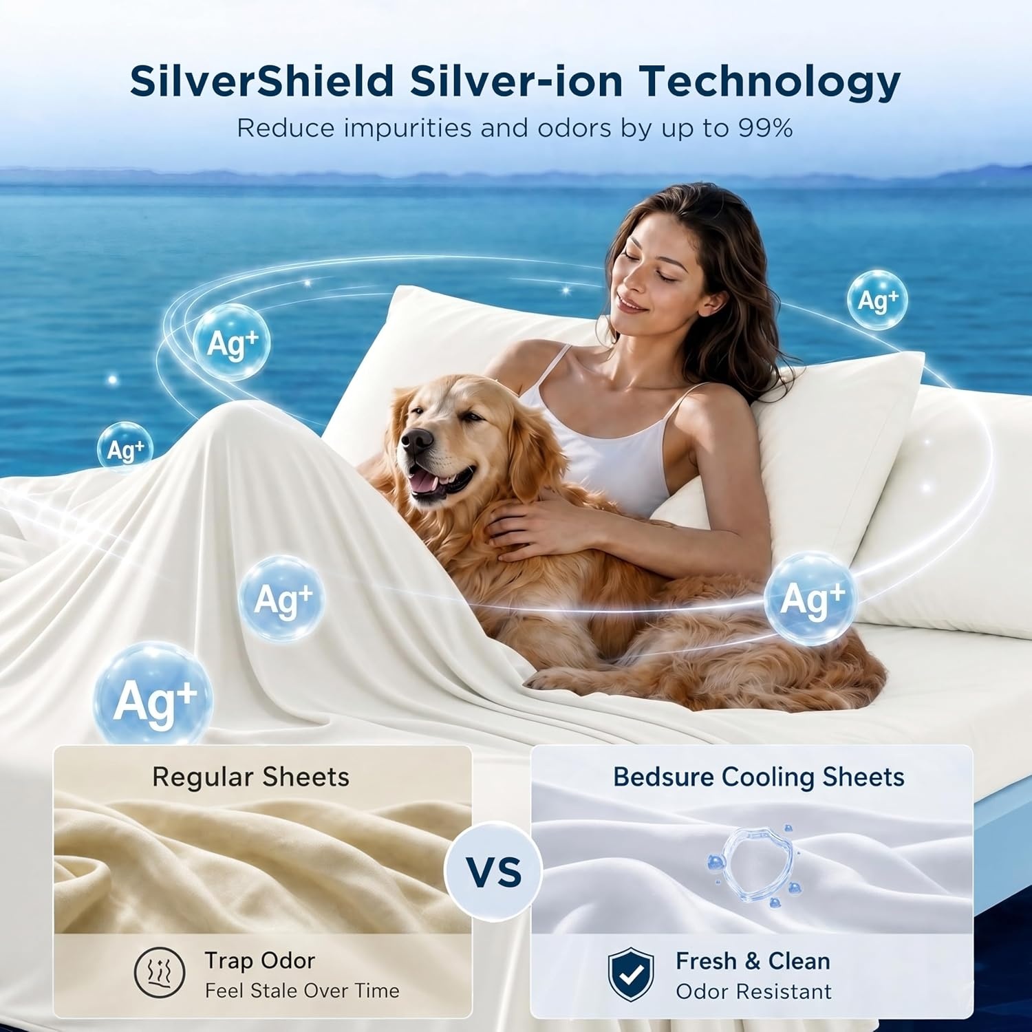 image:imageBedsure Cooling Sheets Queen Size Silver Infused Bed Sheets QMaxgt046 Instant Cooling for Hot Sleepers Luxury Soft Silky Smooth Breathable Deep Pocket Up to 16 4 Pieces with PillowcasesWhite