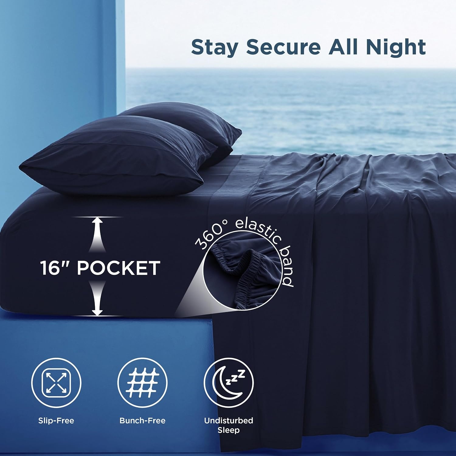 image:imageBedsure Cooling Sheets Queen Size Silver Infused Bed Sheets QMaxgt046 Instant Cooling for Hot Sleepers Luxury Soft Silky Smooth Breathable Deep Pocket Up to 16 4 Pieces with PillowcasesNavy