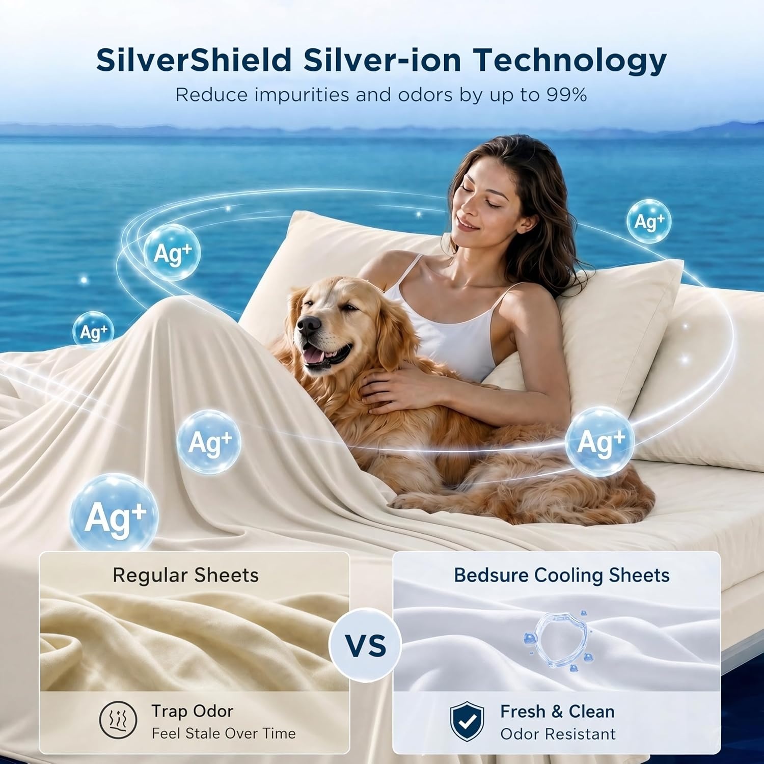 image:imageBedsure Cooling Sheets Queen Size Silver Infused Bed Sheets QMaxgt046 Instant Cooling for Hot Sleepers Luxury Soft Silky Smooth Breathable Deep Pocket Up to 16 4 Pieces with PillowcasesLinen