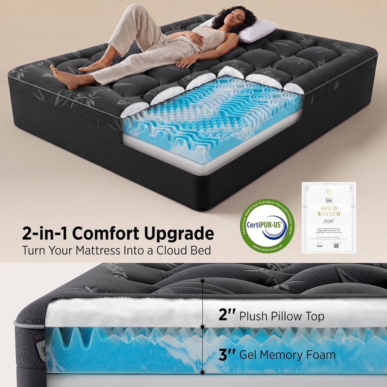 image:imageBedsure DualLayer 5 Inch Memory Foam Mattress Topper King 3 Inch Memory Foam 2 Inch Viscose Made from Bamboo Mattress Topper Pad Cover Breathable amp Pressure Relief BlackFull