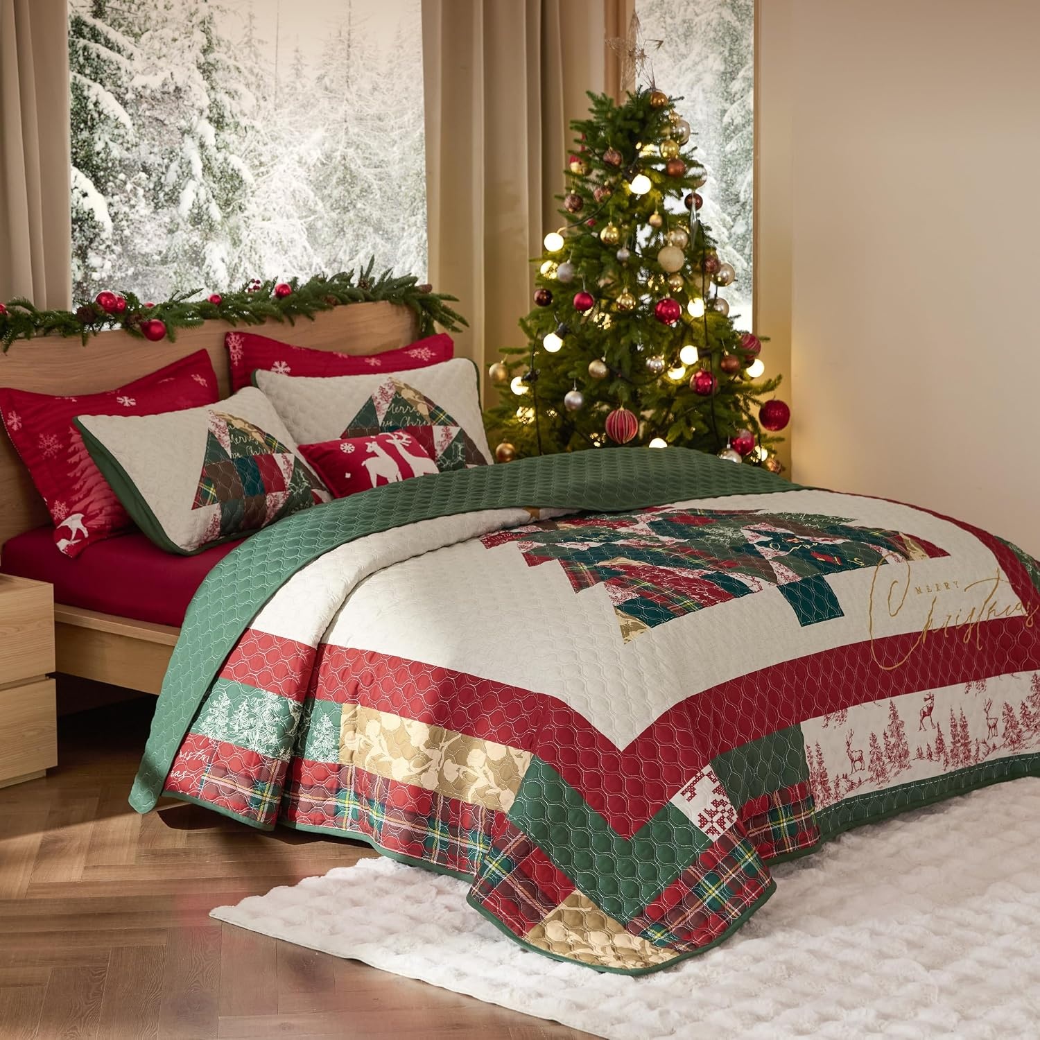 image:imageBedsure Floral Quilts Queen Size Reversible Botanical Floral Comforter Bedding Bedspread Coverlet Lightweight AllSeason Comfort Green amp White Plaid Parttern Machine Washable 90x96 3 Pcs18 Christmas Tree