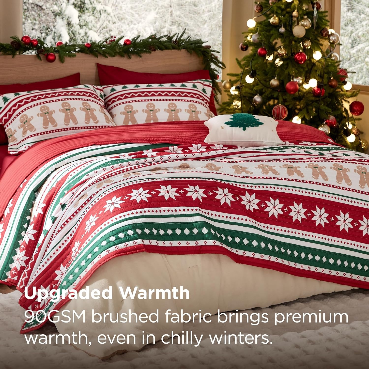 image:imageBedsure Floral Quilts Queen Size Reversible Botanical Floral Comforter Bedding Bedspread Coverlet Lightweight AllSeason Comfort Green amp White Plaid Parttern Machine Washable 90x96 3 Pcs16 Gingerbread Man