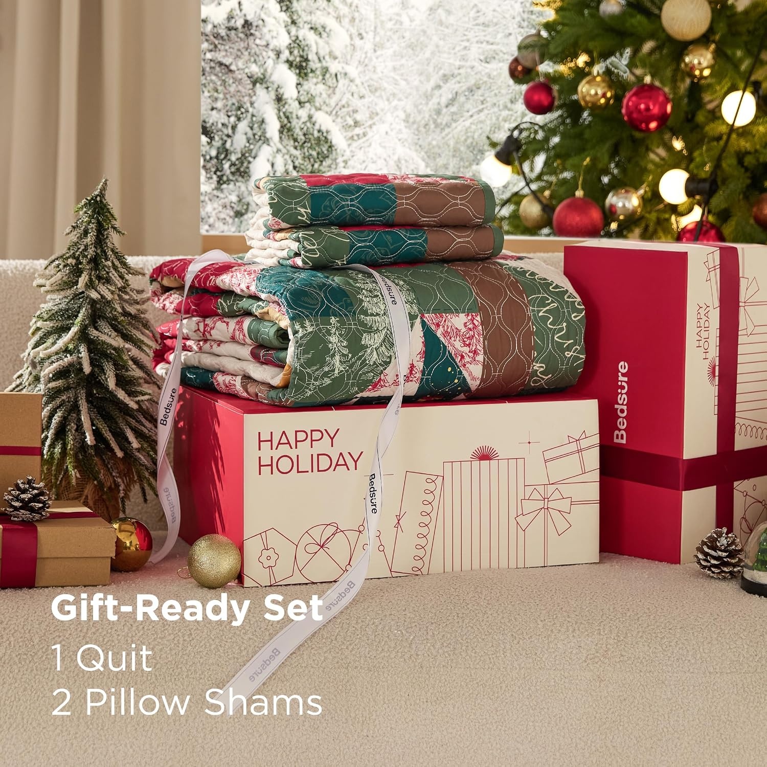 image:imageBedsure Floral Quilts Queen Size Reversible Botanical Floral Comforter Bedding Bedspread Coverlet Lightweight AllSeason Comfort Green amp White Plaid Parttern Machine Washable 90x96 3 Pcs18 Christmas Tree