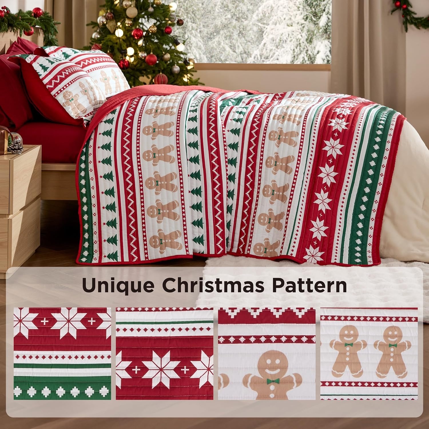 image:imageBedsure Floral Quilts Queen Size Reversible Botanical Floral Comforter Bedding Bedspread Coverlet Lightweight AllSeason Comfort Green amp White Plaid Parttern Machine Washable 90x96 3 Pcs16 Gingerbread Man