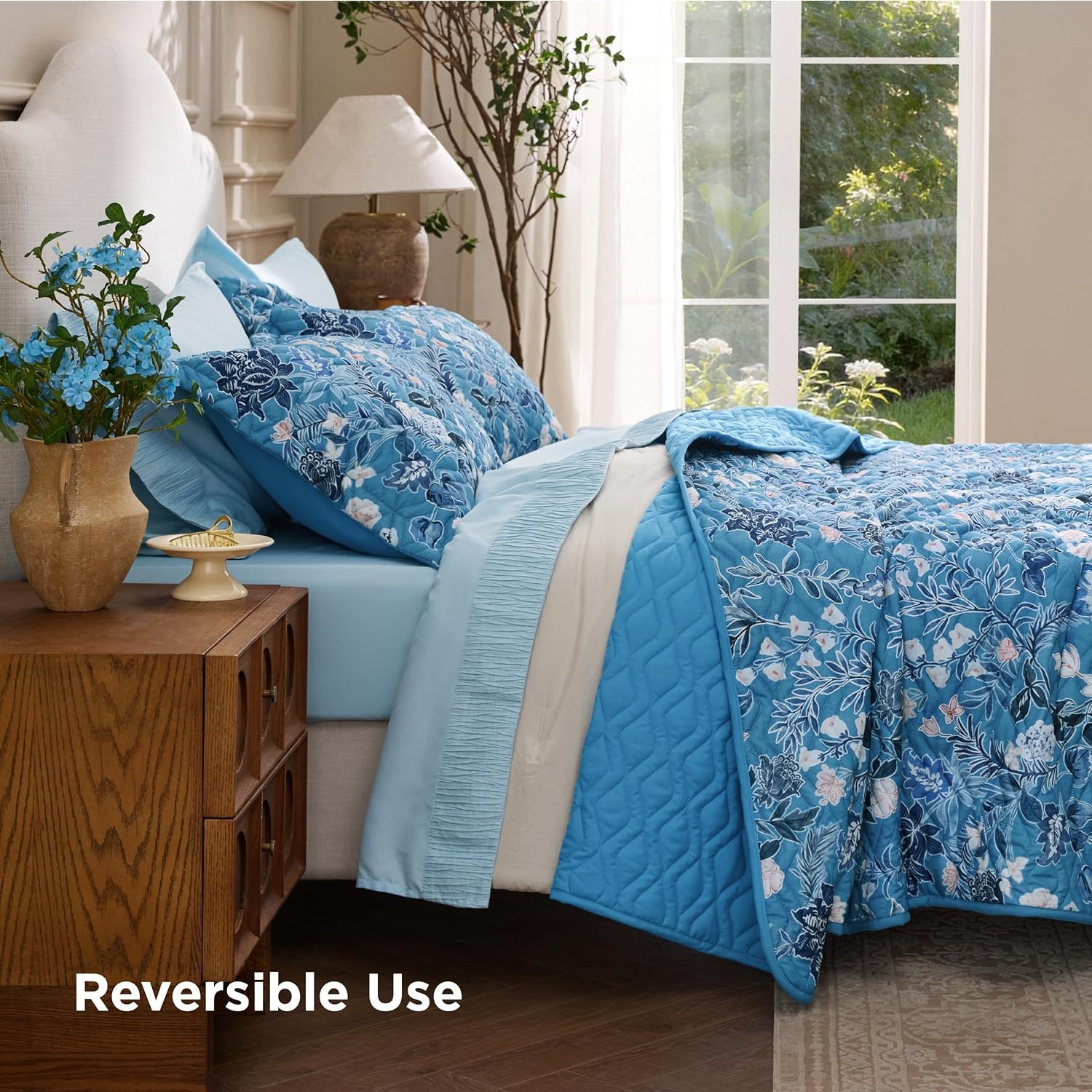 image:imageBedsure Floral Quilts Queen Size Reversible Botanical Floral Comforter Bedding Bedspread Coverlet Lightweight AllSeason Comfort Green amp White Plaid Parttern Machine Washable 90x96 3 Pcs05 Summer Botanical