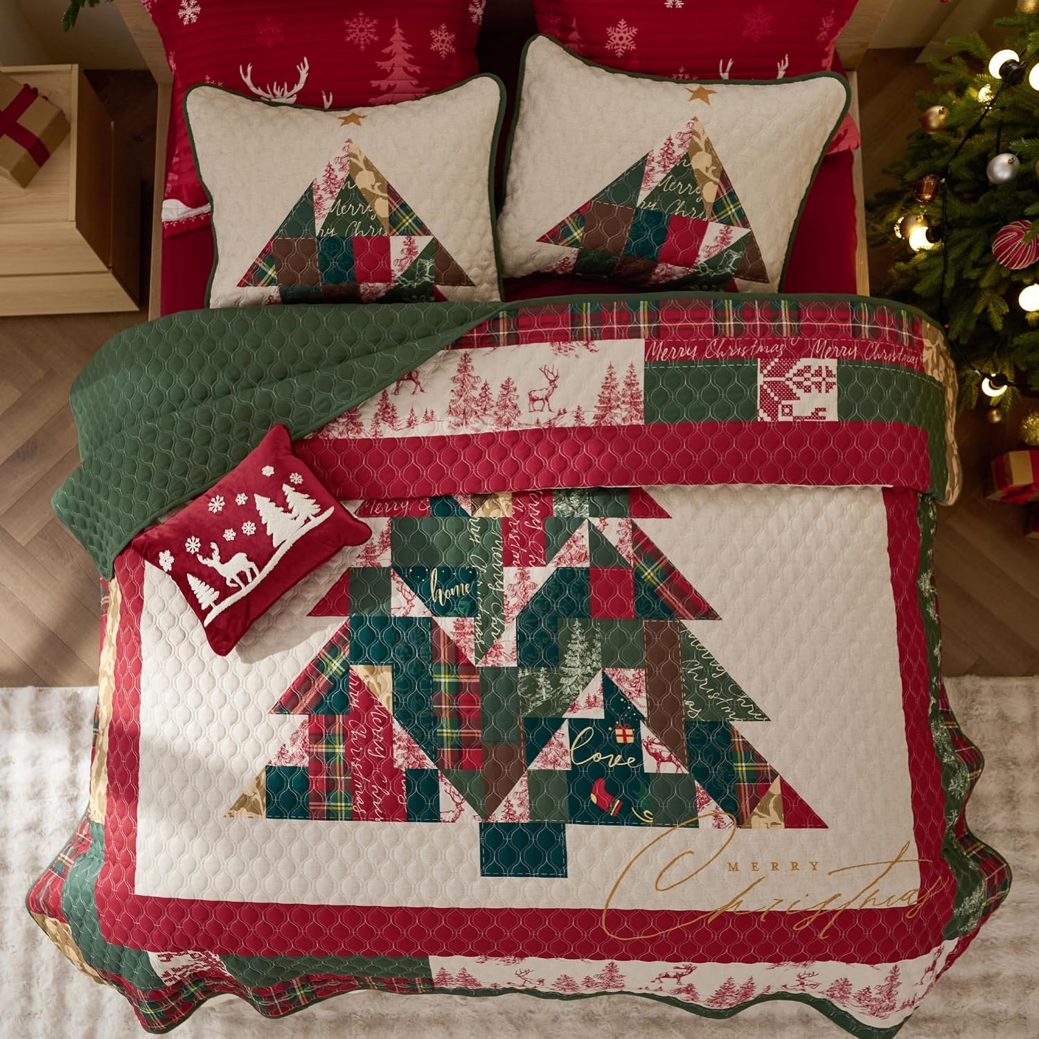 image:imageBedsure Floral Quilts Queen Size Reversible Botanical Floral Comforter Bedding Bedspread Coverlet Lightweight AllSeason Comfort Green amp White Plaid Parttern Machine Washable 90x96 3 Pcs18 Christmas Tree