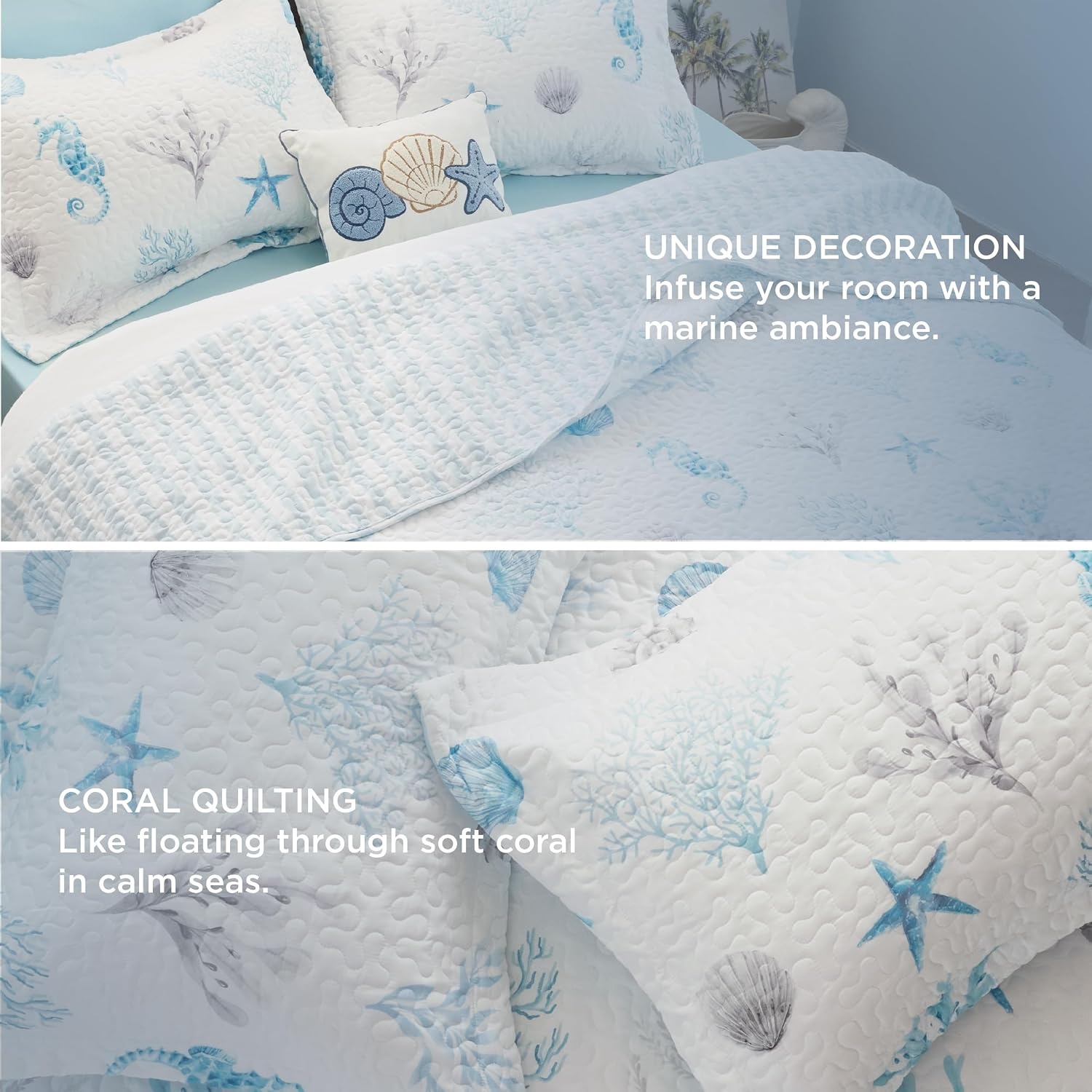 image:imageBedsure Floral Quilts Queen Size Reversible Botanical Floral Comforter Bedding Bedspread Coverlet Lightweight AllSeason Comfort Green amp White Plaid Parttern Machine Washable 90x96 3 Pcs00 Ocean White