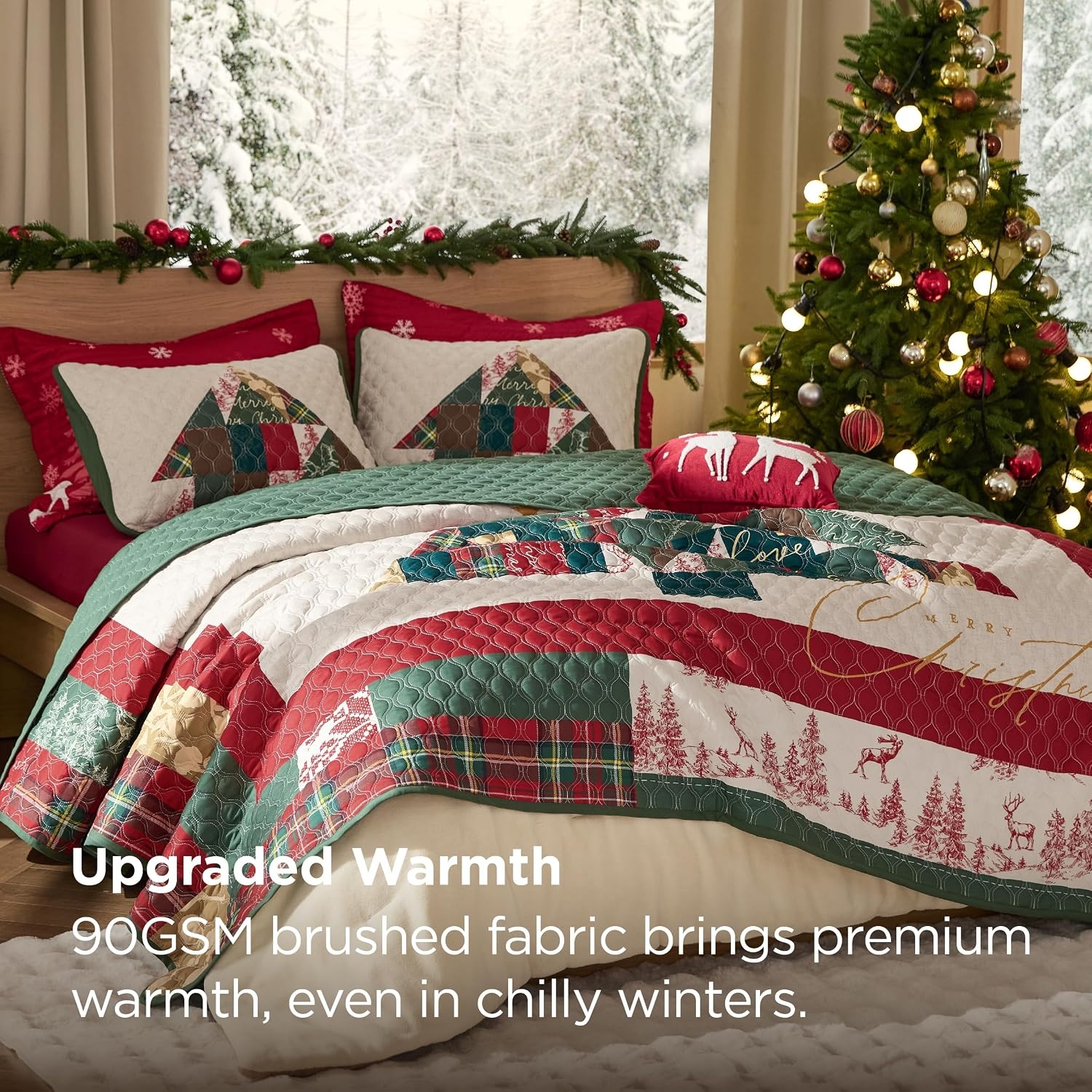image:imageBedsure Floral Quilts Queen Size Reversible Botanical Floral Comforter Bedding Bedspread Coverlet Lightweight AllSeason Comfort Green amp White Plaid Parttern Machine Washable 90x96 3 Pcs18 Christmas Tree