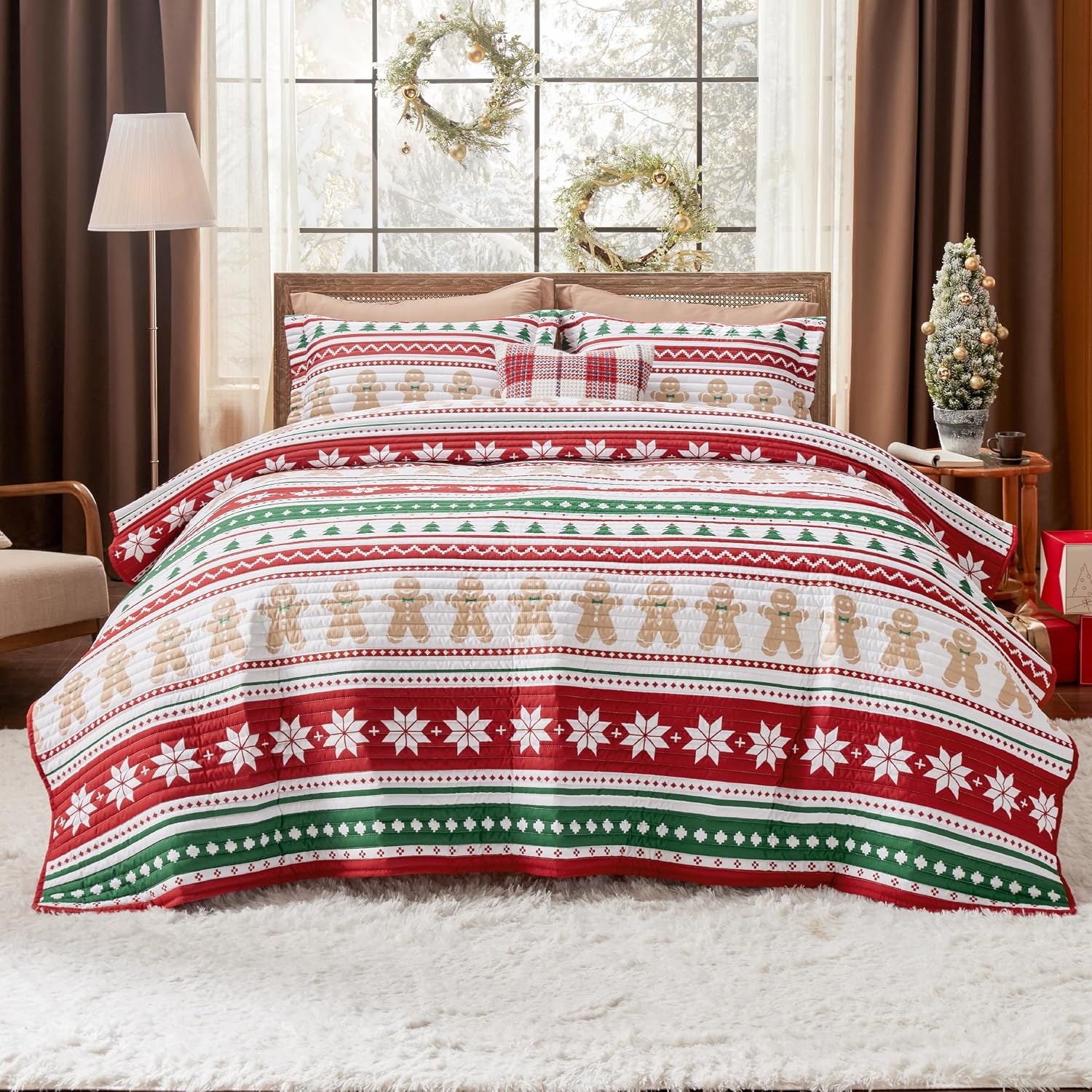 image:imageBedsure Floral Quilts Queen Size Reversible Botanical Floral Comforter Bedding Bedspread Coverlet Lightweight AllSeason Comfort Green amp White Plaid Parttern Machine Washable 90x96 3 Pcs16 Gingerbread Man