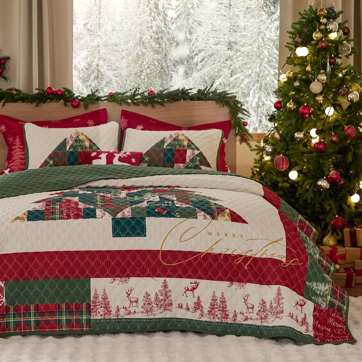 image:imageBedsure Floral Quilts Queen Size Reversible Botanical Floral Comforter Bedding Bedspread Coverlet Lightweight AllSeason Comfort Green amp White Plaid Parttern Machine Washable 90x96 3 Pcs18 Christmas Tree