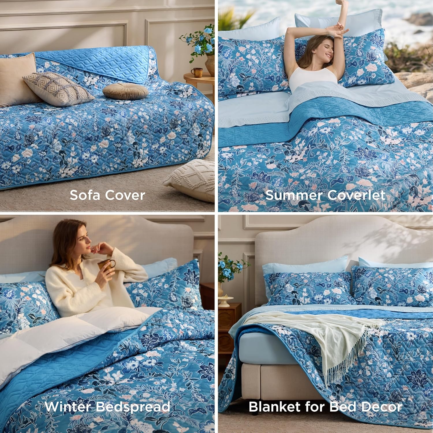 image:imageBedsure Floral Quilts Queen Size Reversible Botanical Floral Comforter Bedding Bedspread Coverlet Lightweight AllSeason Comfort Green amp White Plaid Parttern Machine Washable 90x96 3 Pcs05 Summer Botanical