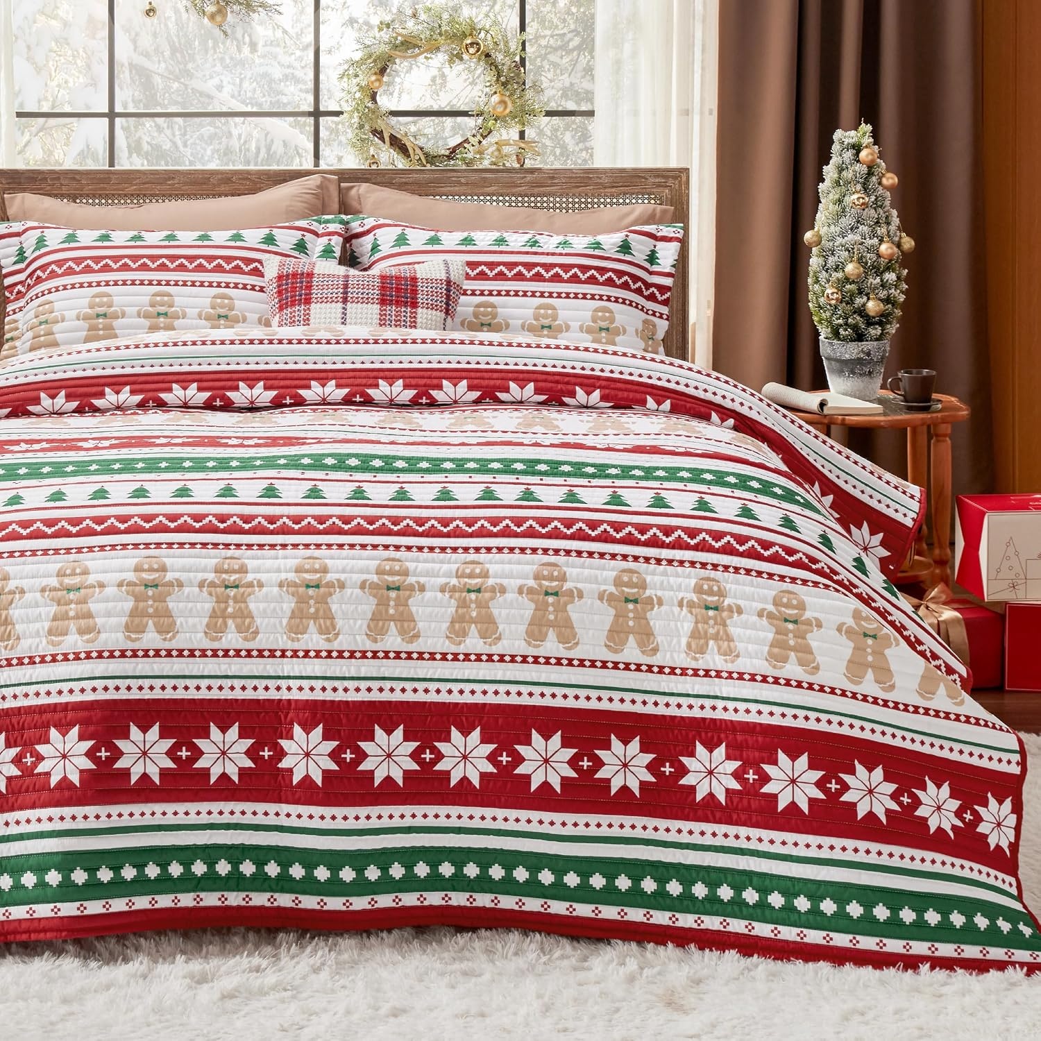 image:imageBedsure Floral Quilts Queen Size Reversible Botanical Floral Comforter Bedding Bedspread Coverlet Lightweight AllSeason Comfort Green amp White Plaid Parttern Machine Washable 90x96 3 Pcs16 Gingerbread Man