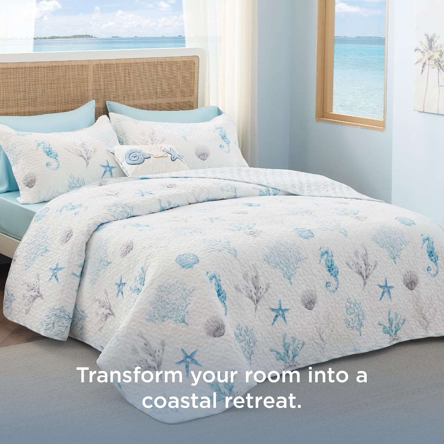 image:imageBedsure Floral Quilts Queen Size Reversible Botanical Floral Comforter Bedding Bedspread Coverlet Lightweight AllSeason Comfort Green amp White Plaid Parttern Machine Washable 90x96 3 Pcs00 Ocean White