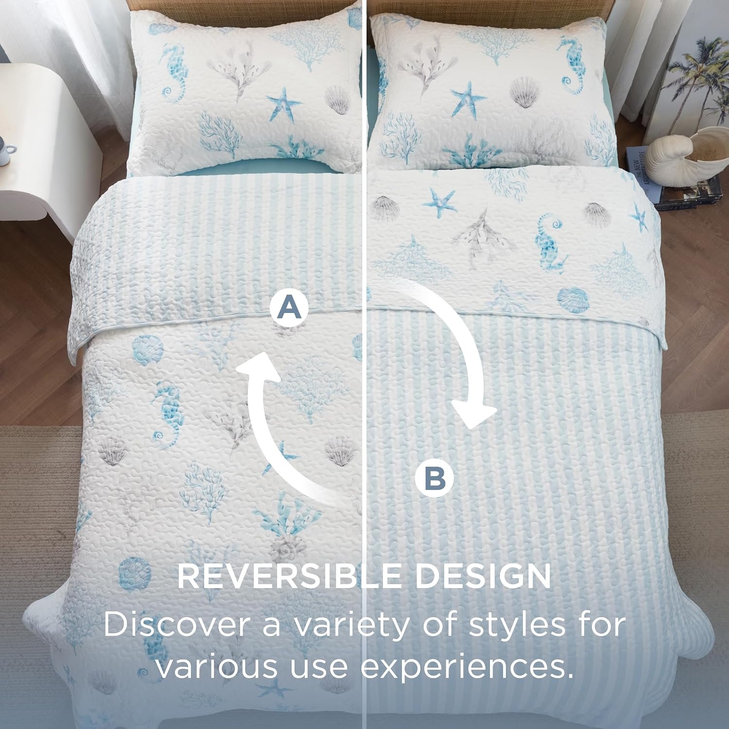 image:imageBedsure Floral Quilts Queen Size Reversible Botanical Floral Comforter Bedding Bedspread Coverlet Lightweight AllSeason Comfort Green amp White Plaid Parttern Machine Washable 90x96 3 Pcs00 Ocean White