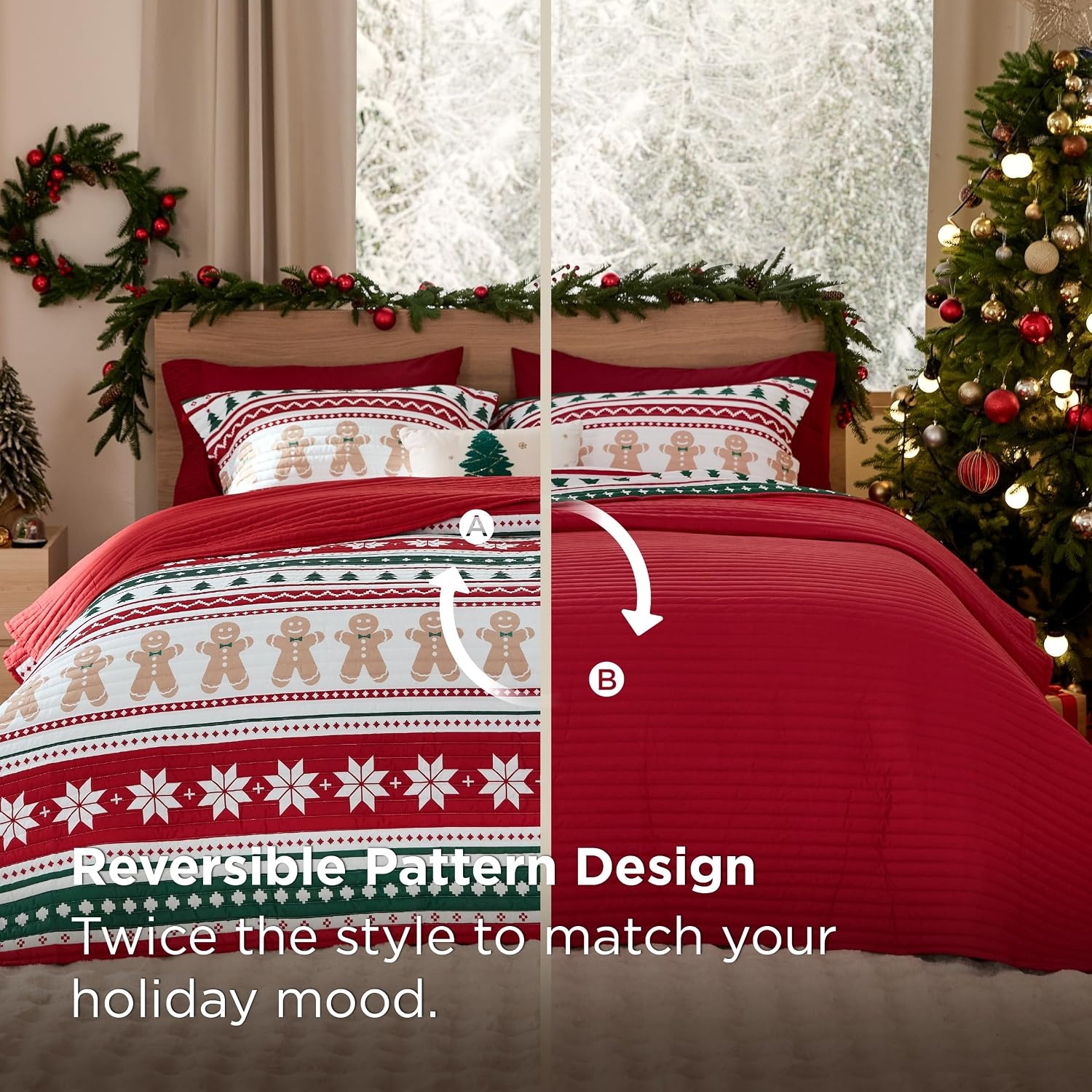 image:imageBedsure Floral Quilts Queen Size Reversible Botanical Floral Comforter Bedding Bedspread Coverlet Lightweight AllSeason Comfort Green amp White Plaid Parttern Machine Washable 90x96 3 Pcs16 Gingerbread Man